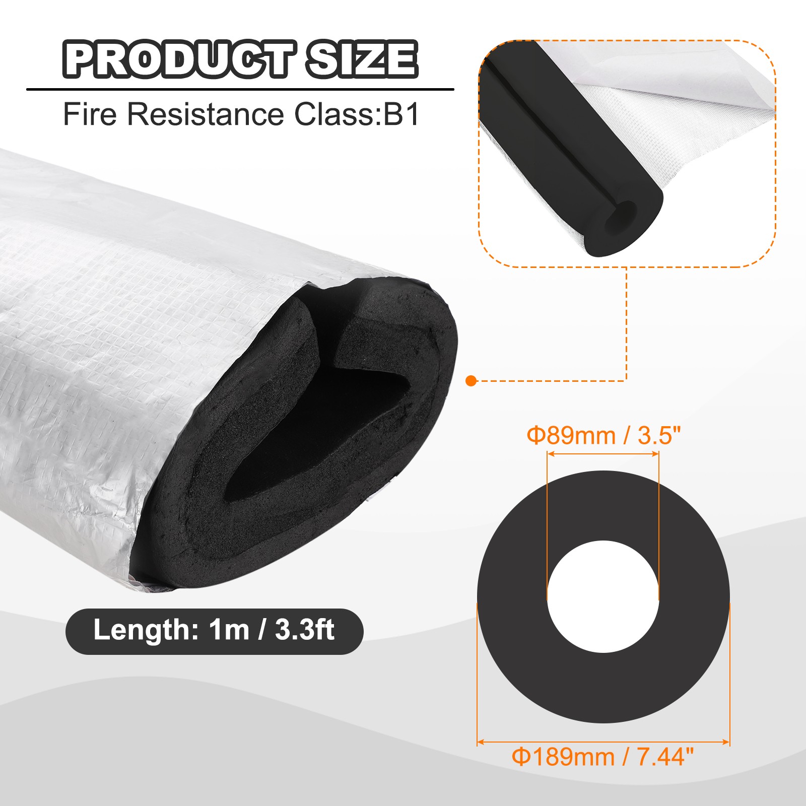Pipe Insulation Foam Tube 3.3FT Length 3.5″(89mm) ID x 5cm Thickness