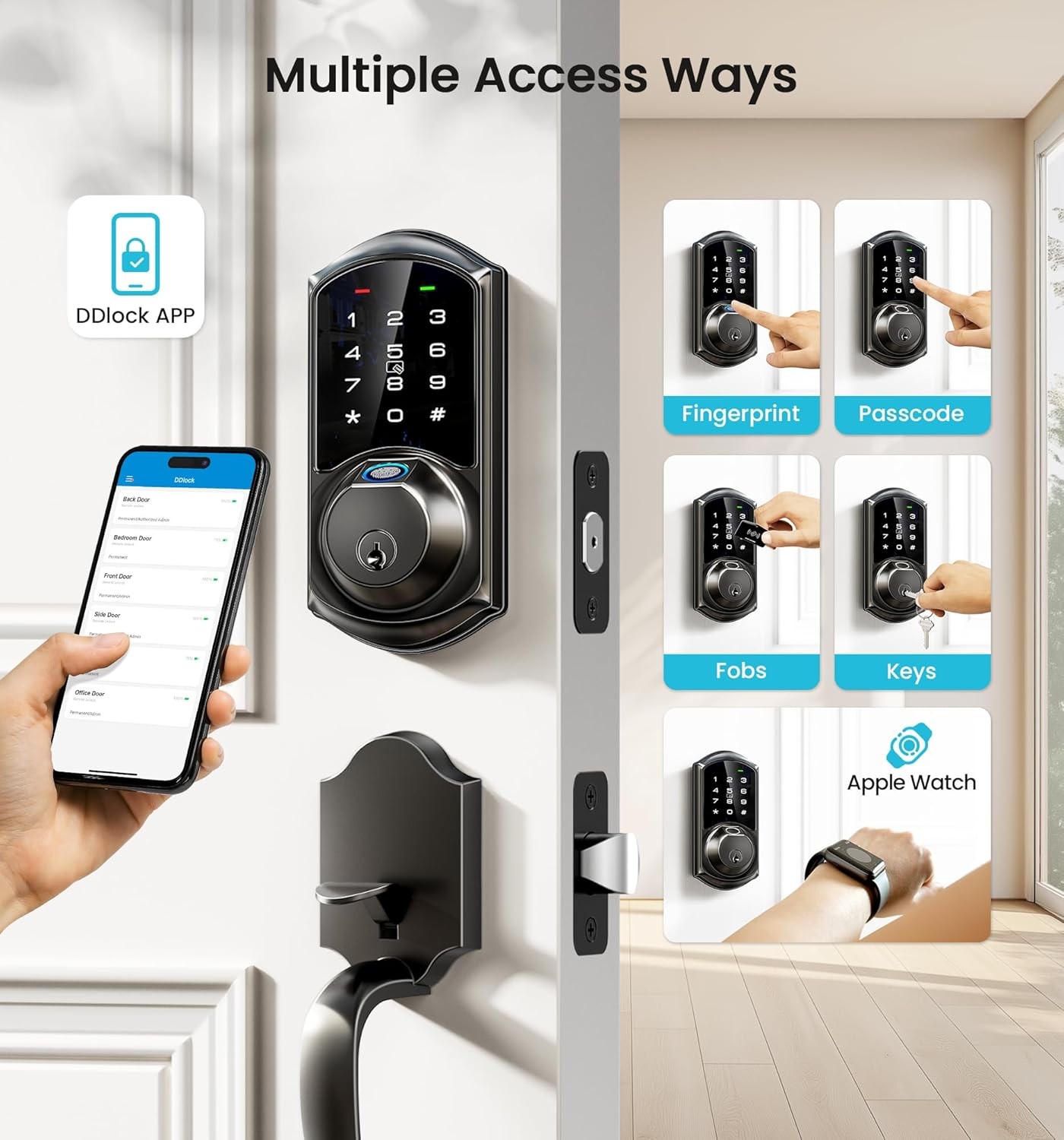 Veise VE07 Fingerprint Smart Door Lock, 7-in-1 Keyless Entry Matte Black