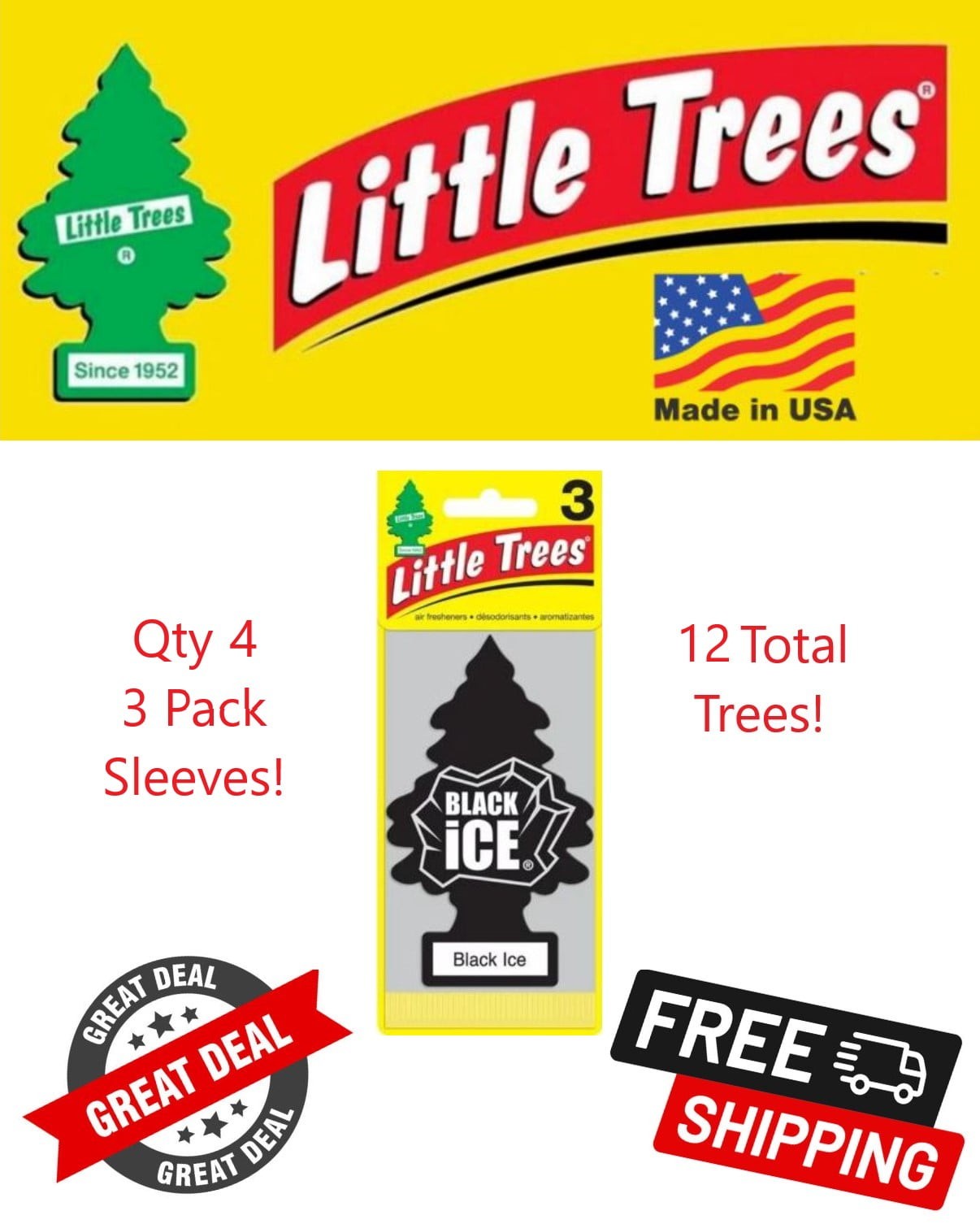 Little Trees U3S-32055 Black Ice Hanging Air Freshener for Car/Home 12 Pack!