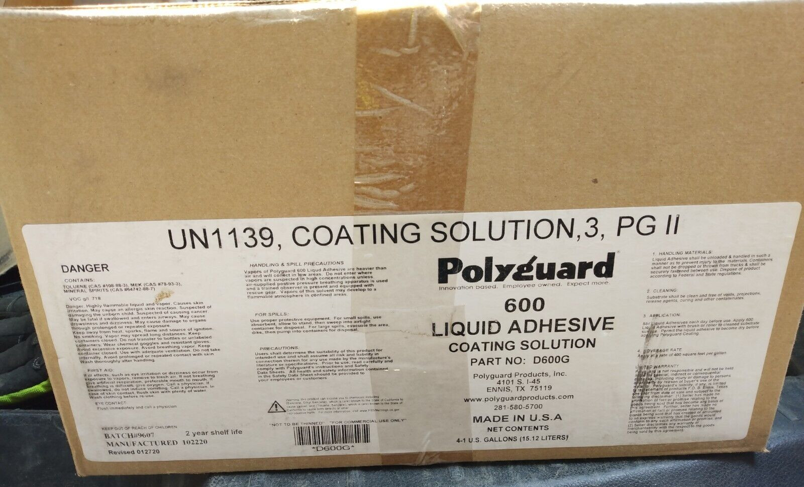 BOX OF 4 POLYGUARD 600 LIQUID ADHESIVE COATING SOLUTION PART# D600G