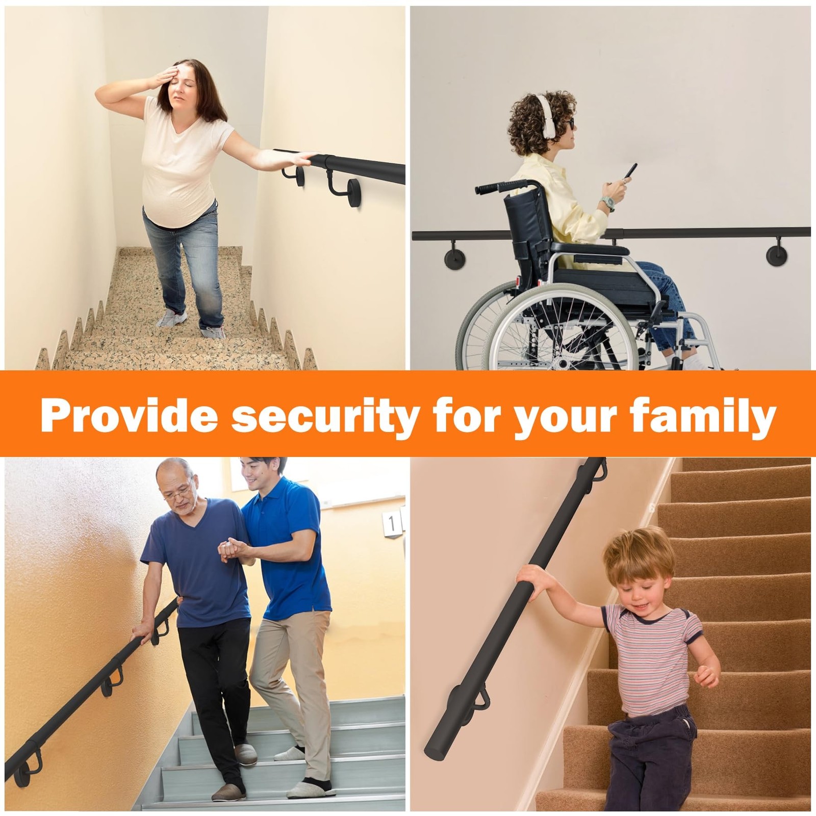 8FT Metal Stair Handrail Indoor Outdoor 440LBS Capacity Railing