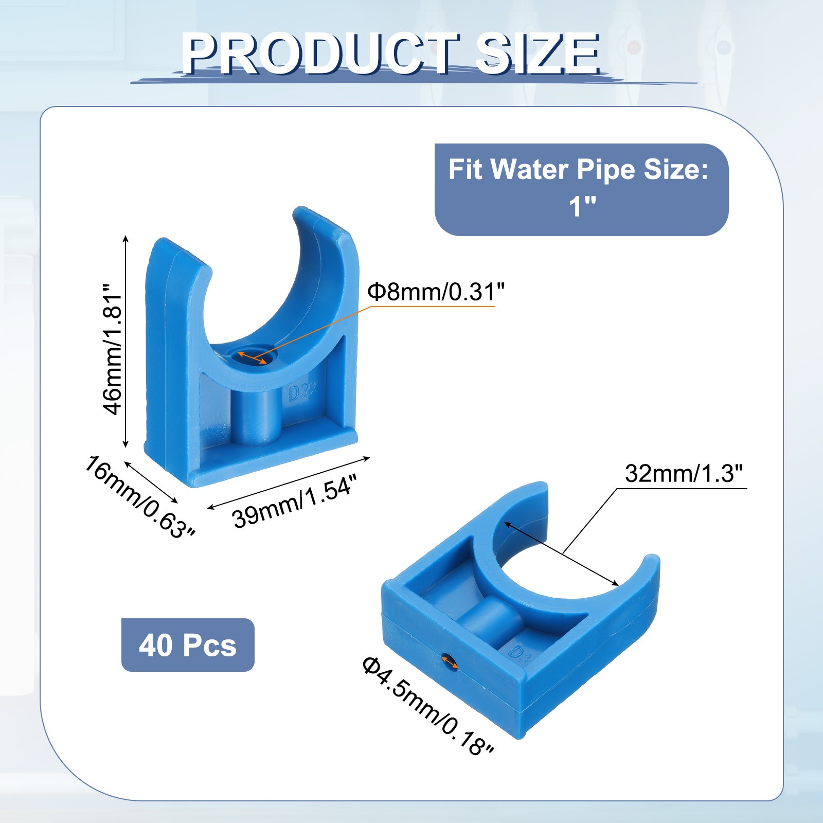 40 Pcs PVC Water Pipe Clamps Clips, U-Shaped Buckles for 1″ Size Pipe, Blue