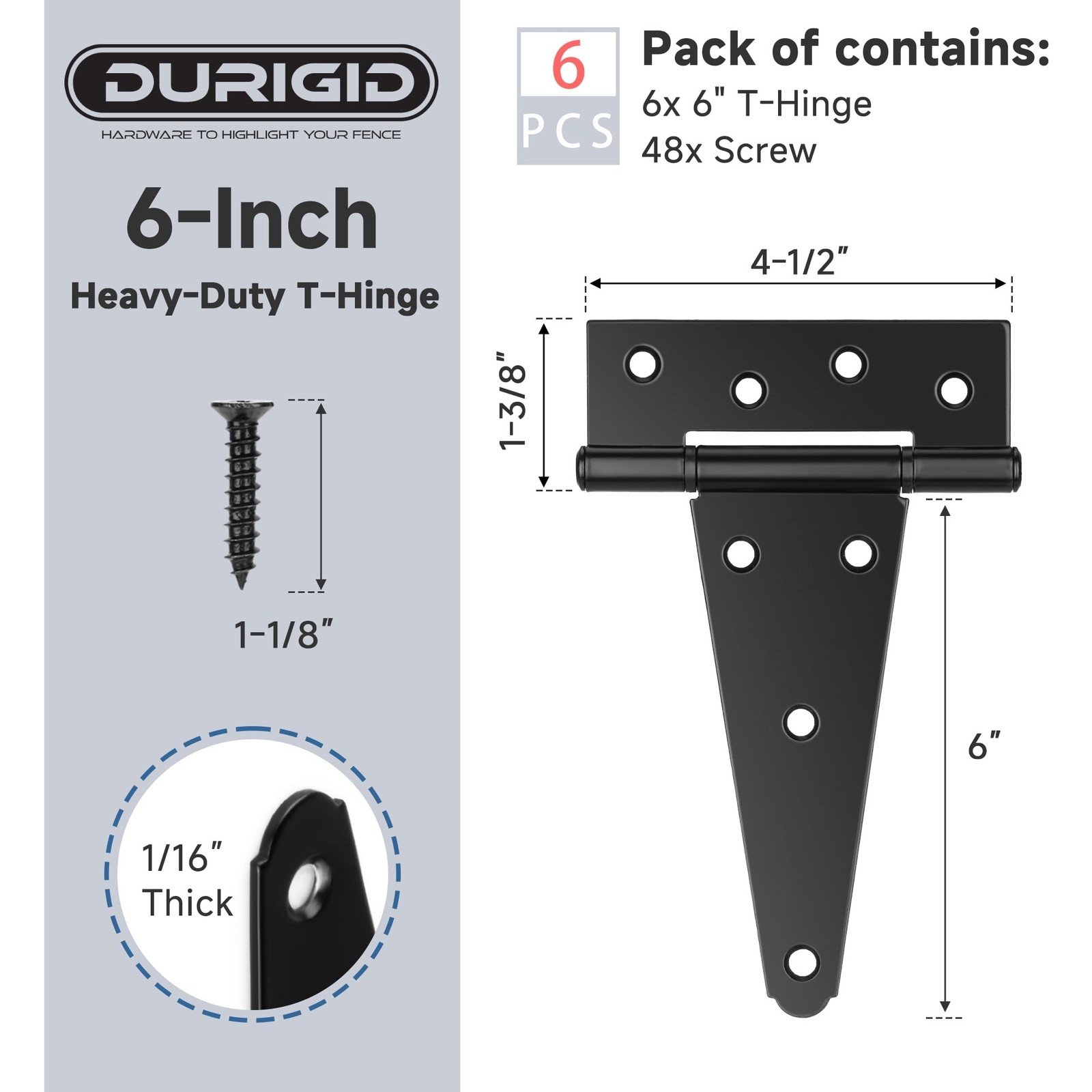 6 Pack 6 Inch T Hinge, Heavy Duty Hinges for Wood, Gate Hinge, Shed Door Hard…