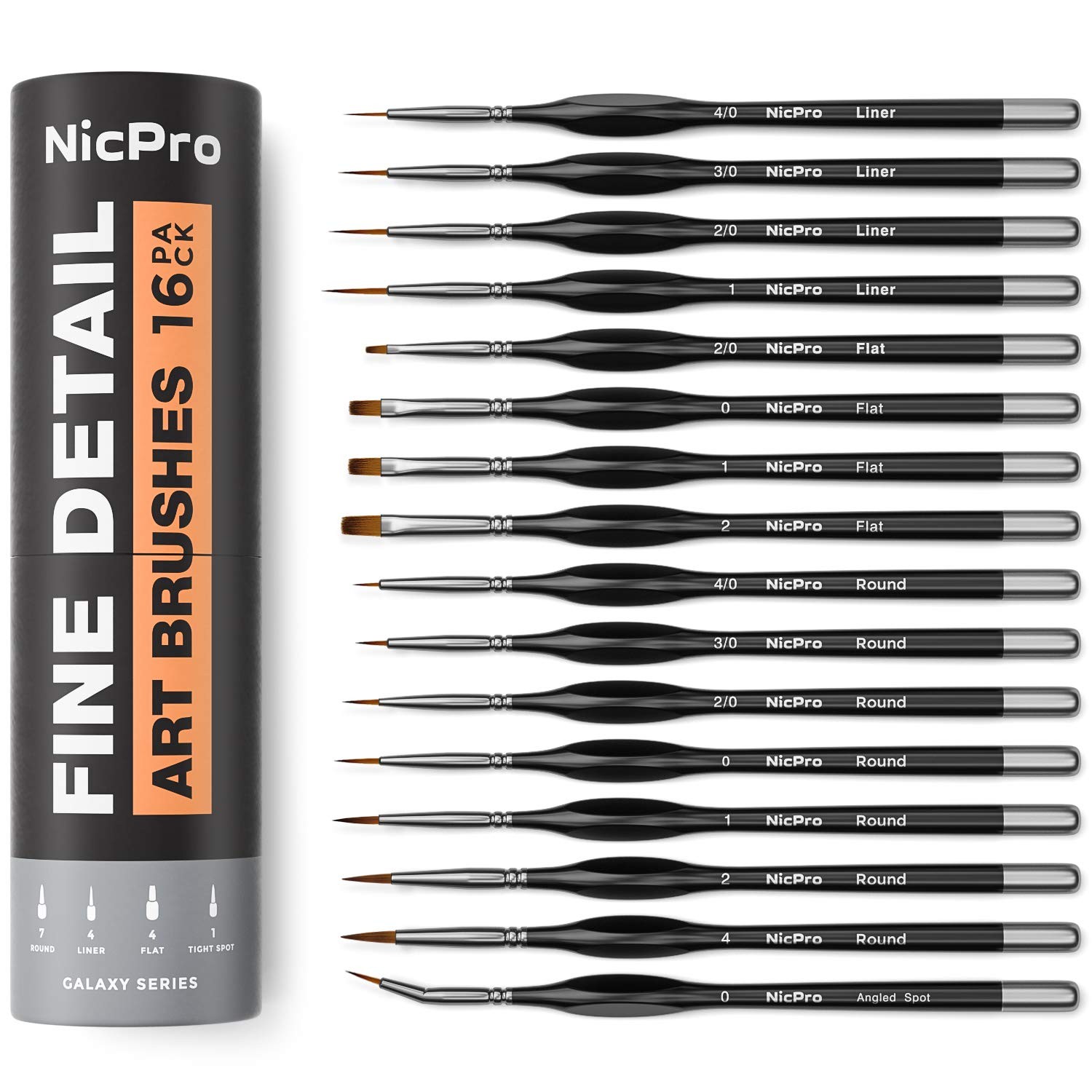 Nicpro 16 PCS Miniature Paint Brushes, Fine Tip Micro 16 PCS, Black Silver