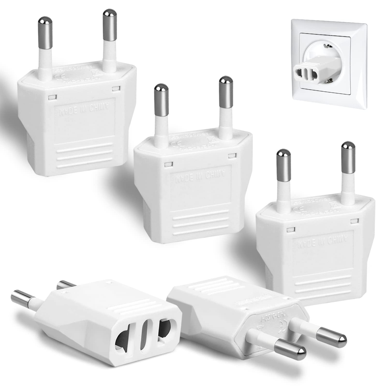 6 Pack US to Europe Plug Adapter – Type C European Travel Adapter, 6, white