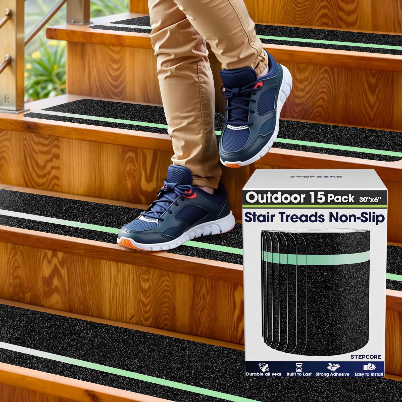 Outdoor Stair Treads Non Slip – 30″ x 6″ – 15-Pack Glow in The Dark Waterproof 8
