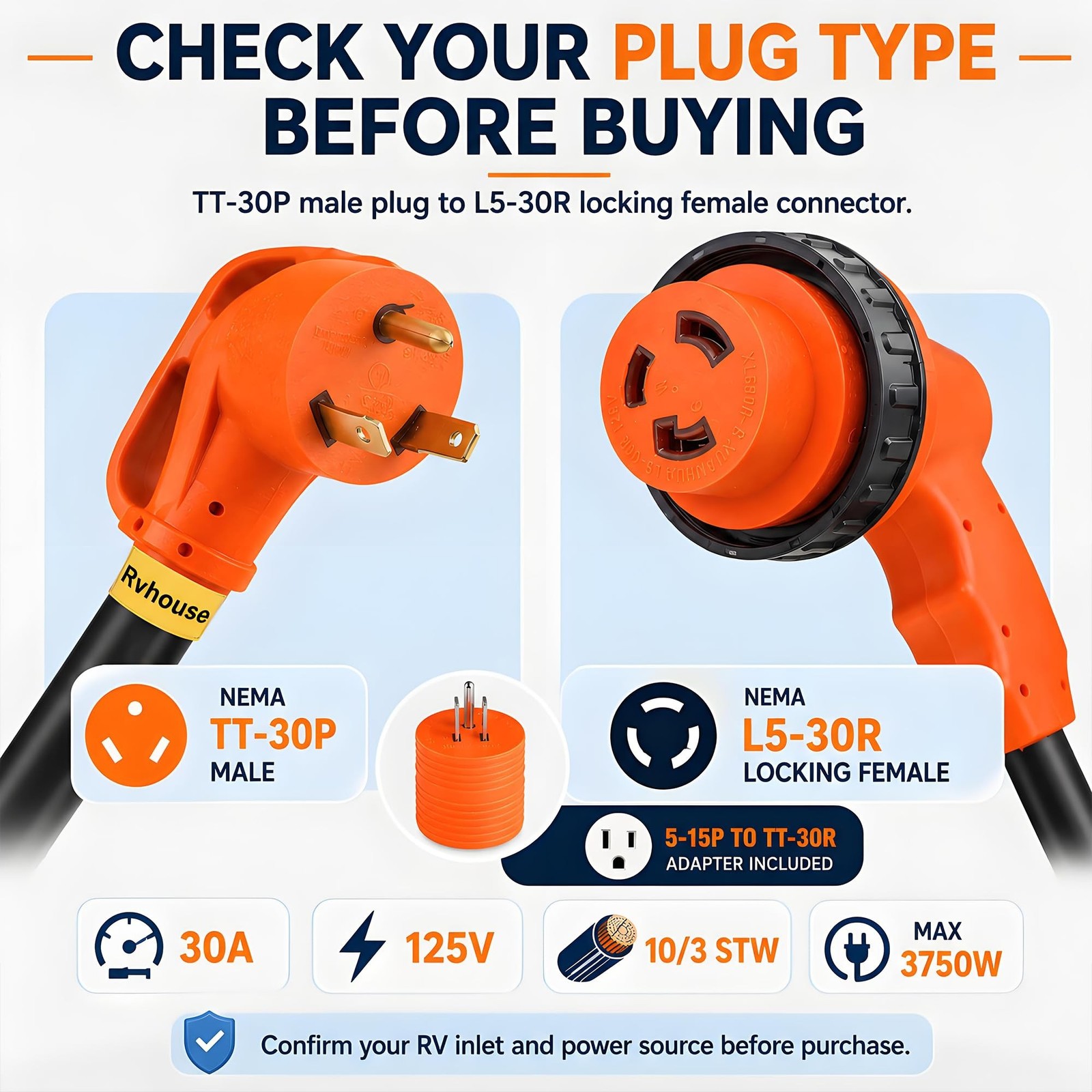 15 ft 30A RV Extension Cord, TT-30P to L5-30R, 10/3 STW | ETL Listed Outdoor …