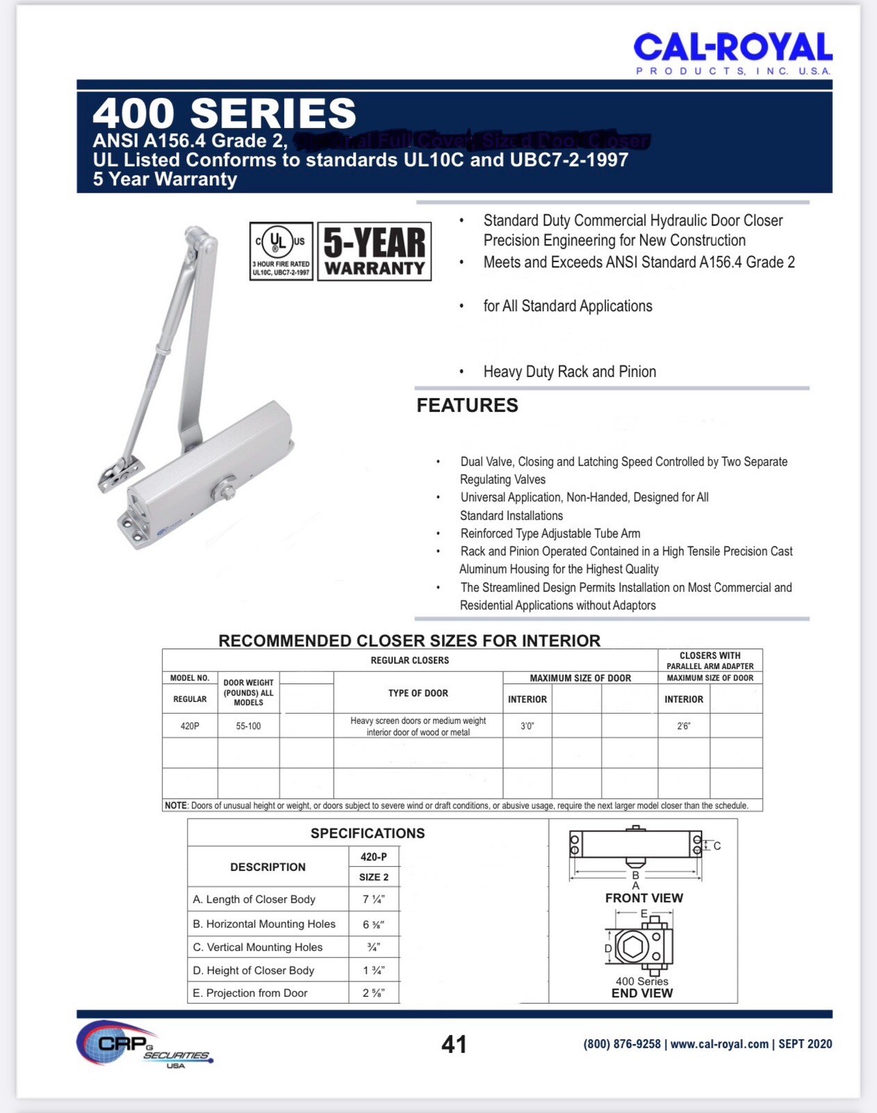 Cal-Royal 420-P Automatic Hydraulic Spring Fire Rated Auto Door Closer. 3 Colors