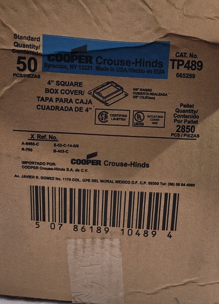 Cooper Crouse-Hinds 4″ Square Box Cover 5/8″ Raised 50 ea. Cat. No. TP489 New