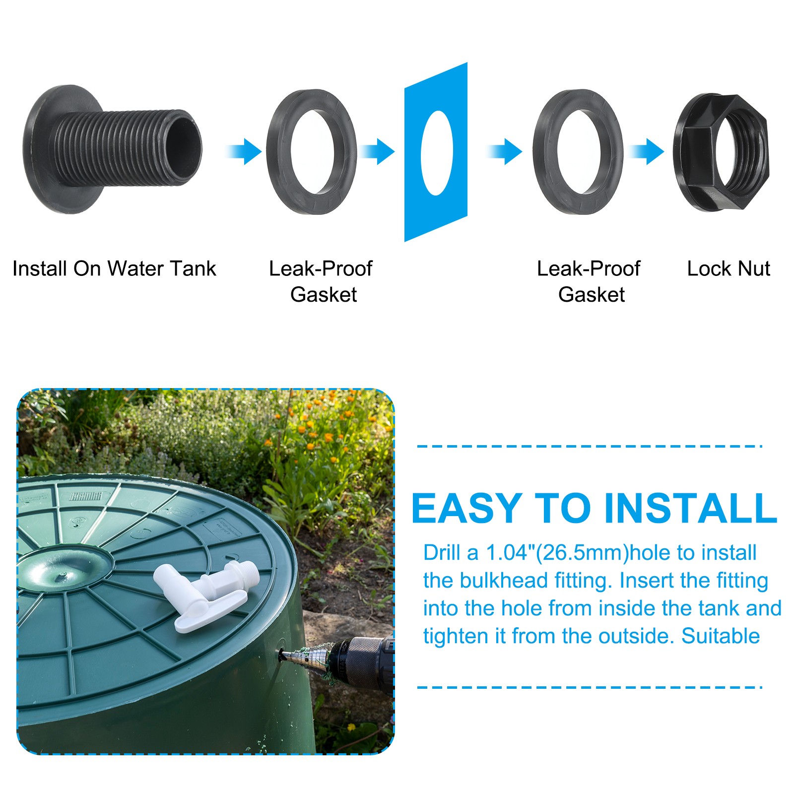 4 Pcs Bulkhead Fitting 1/2 x 3/4″ Water Tank Connector Black
