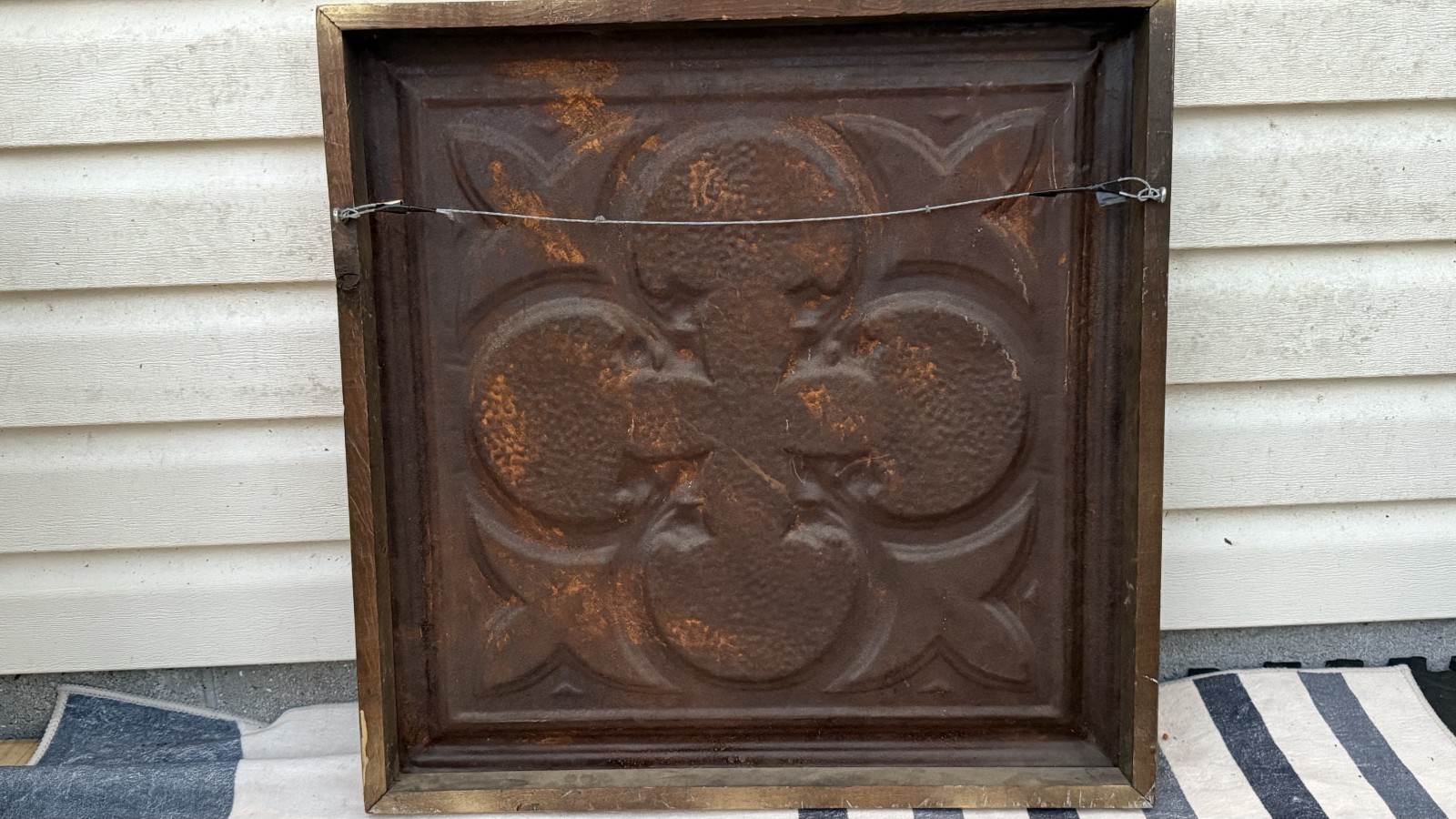 Vintage Style Gothic Wood framed embossed Metal Panel Quatrefoil Wall Art