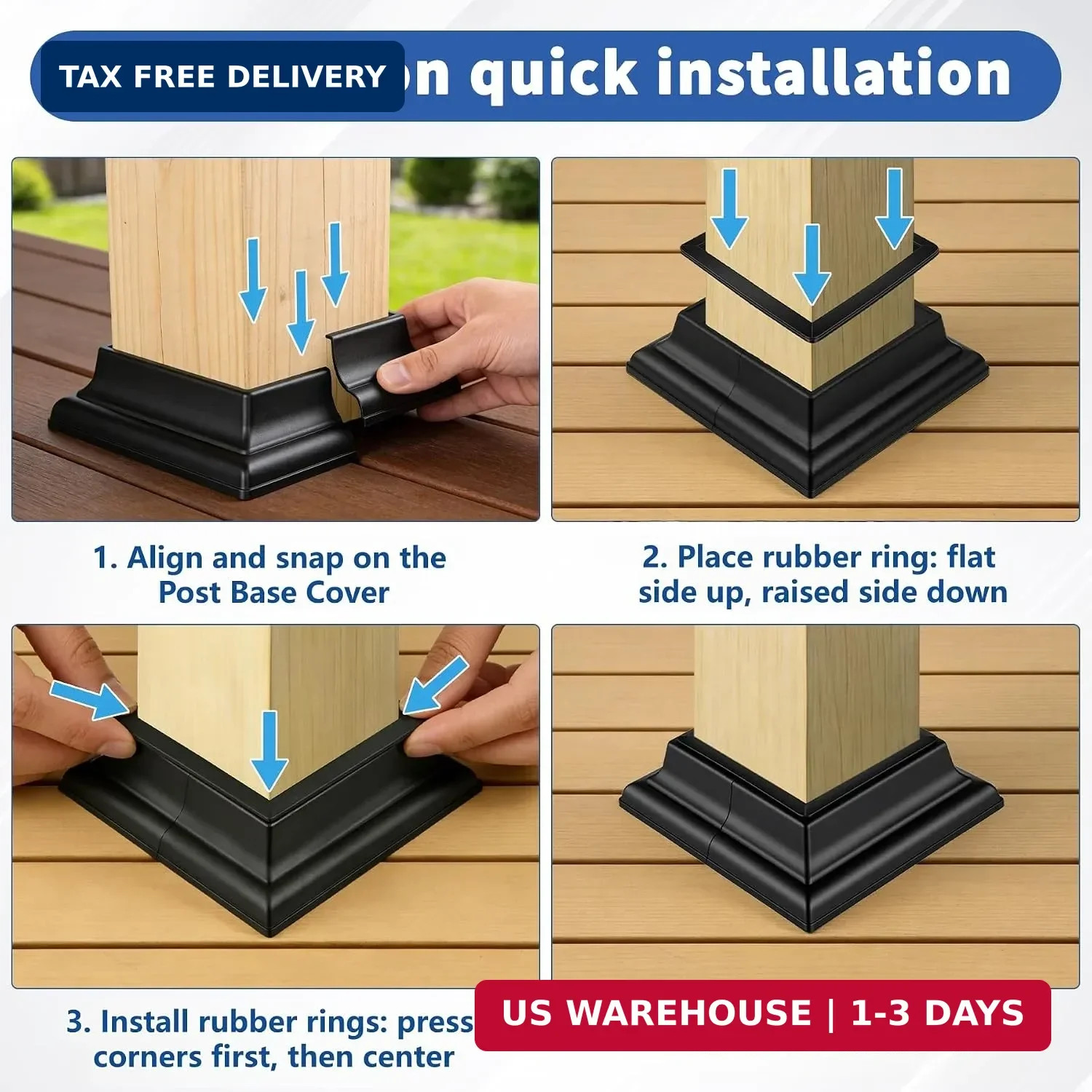4-Pack 4×4 Post Skirt Aluminum Split Deck Post Base Cover (Black) | With 3.5″x3.