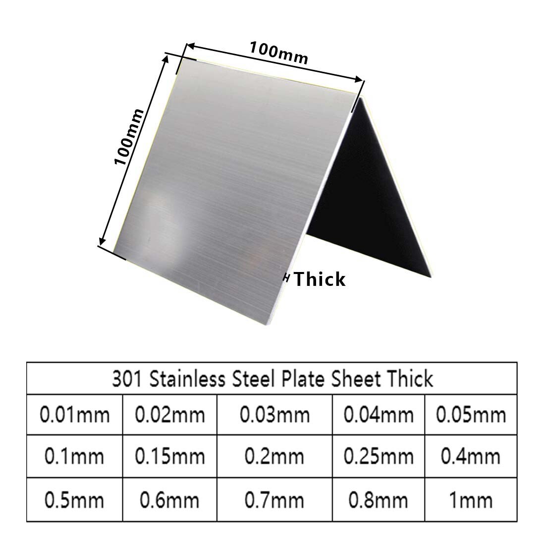 301 Stainless Steel Plate Sheet Thick 0.01-1mm Metal Panel Solid Board 100x100mm