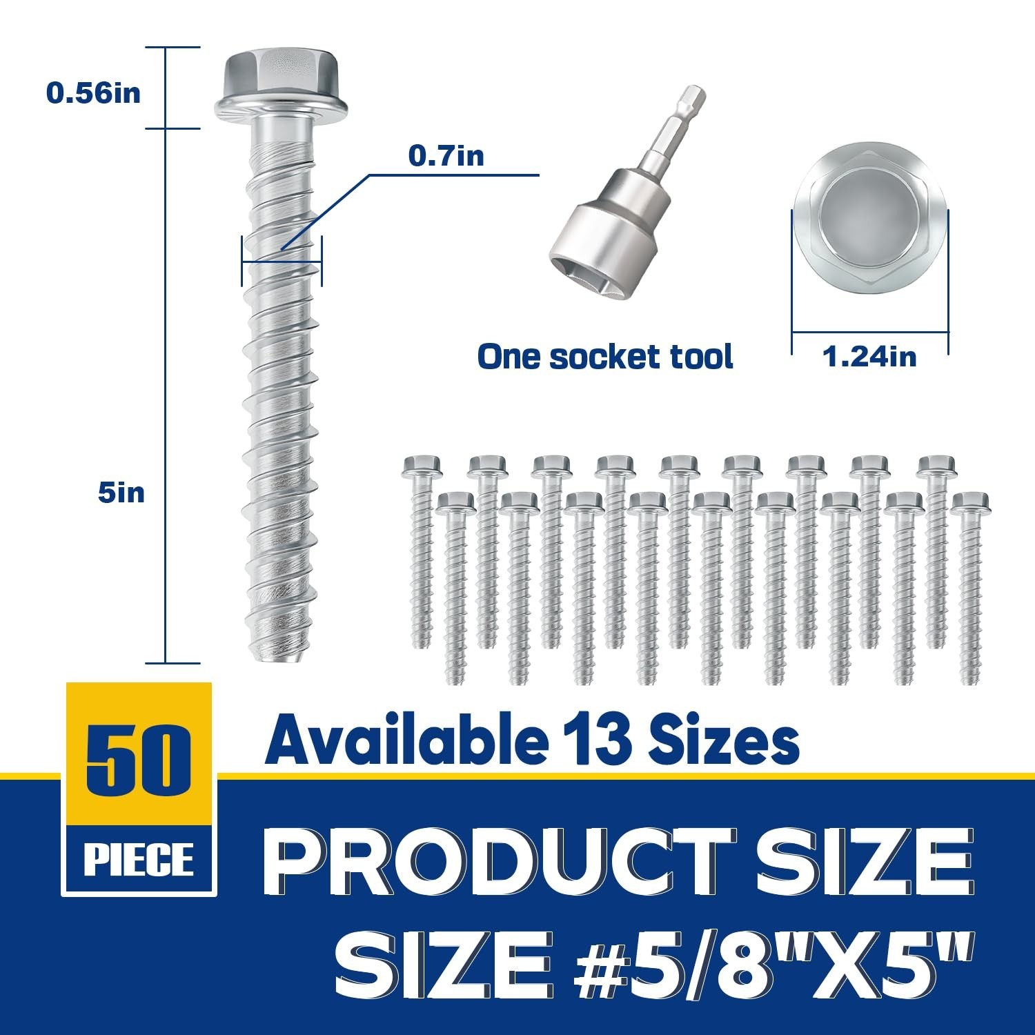 50 Pack 5/8″ x 5″ Large Diameter Concrete Screw – Heavy Duty Concrete Anchors…