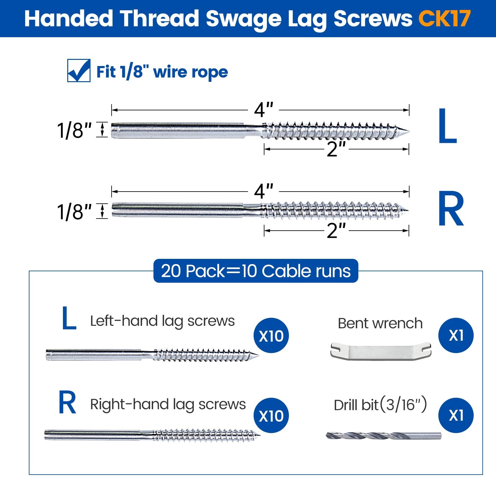 Muzata 20 Pack 1/8″ Cable Railing Hardware Kit Swage Lag Screws 1/8″, Silver