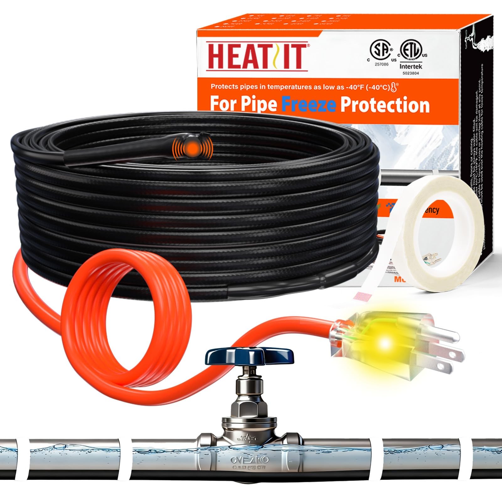 HEATIT HISD 12-feet Pipe Heating Cable with Built-in Thermostat 7W/ft