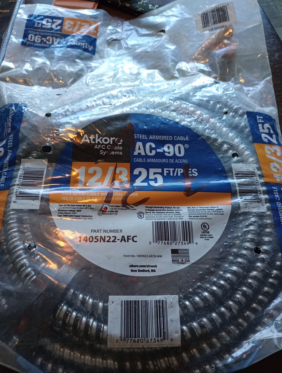 ATKORE Solid AC-90 12/3 25 Ft 2105S22-AFC Steel Armored Cable.