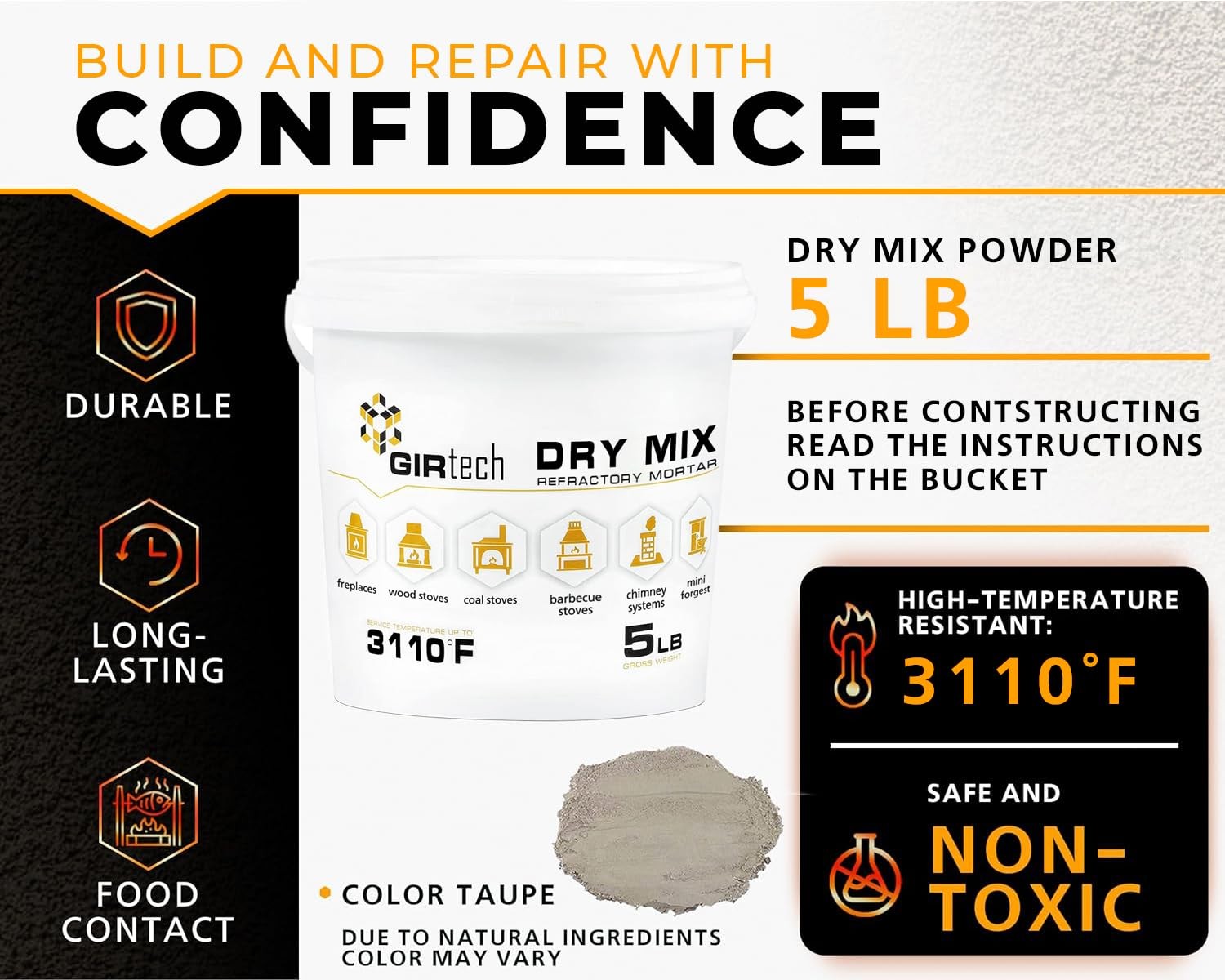 Refractory Cement Dry Mix Mortar 5 LB 3110 Degree °F High Temp Heat Resistant