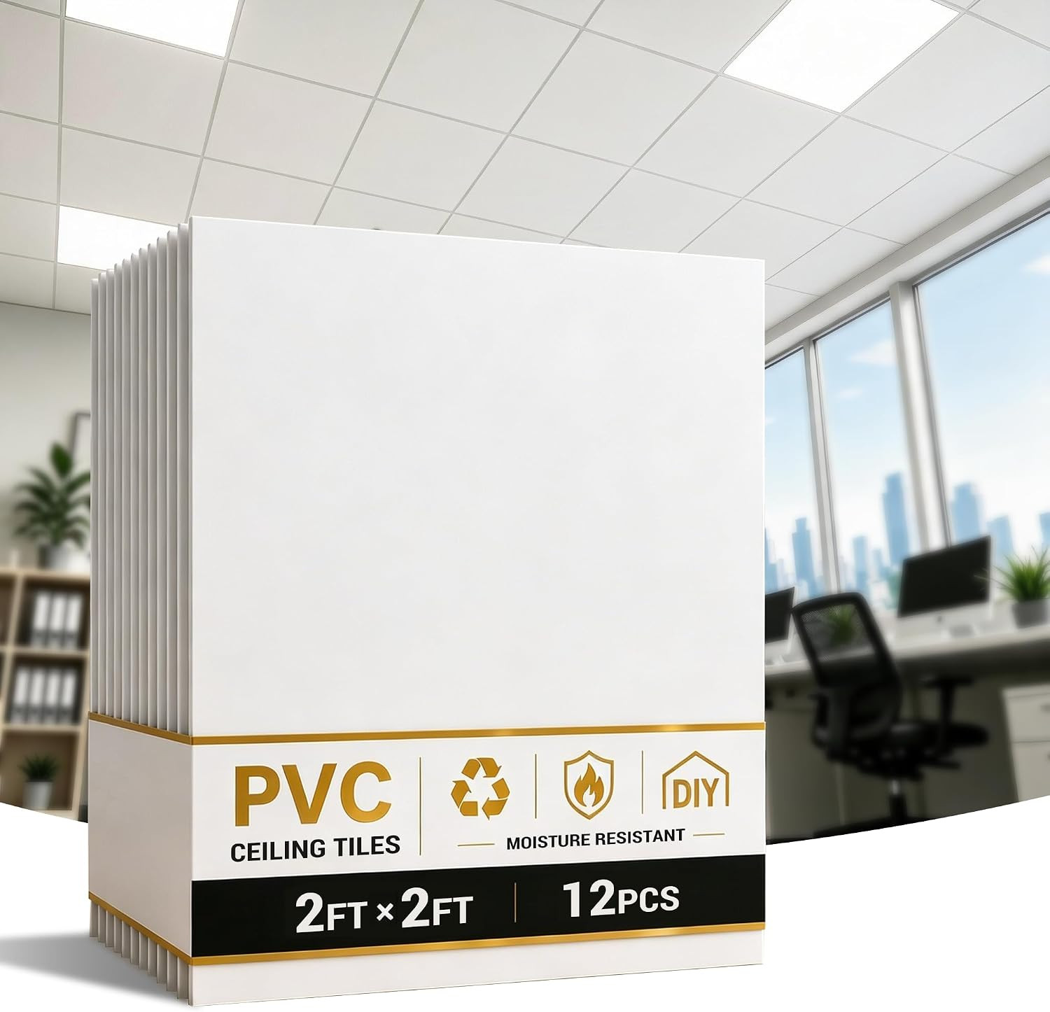 Waterproof 2×2 Ceiling Tiles – 12-Pack Smooth White PVC, Easy Installation