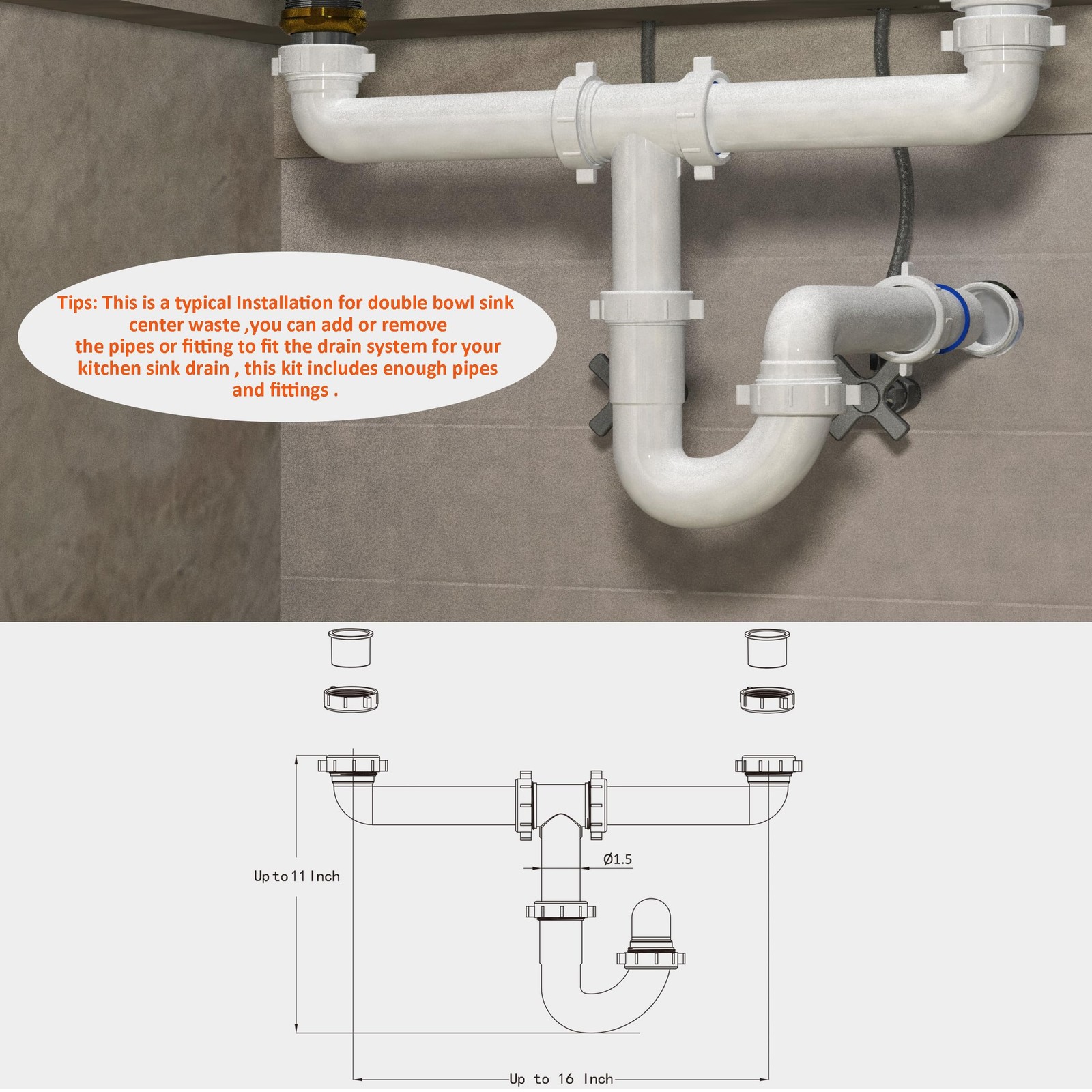 Kitchen Sink Drain Kit,1-1/2”,for Most Repair Kit White