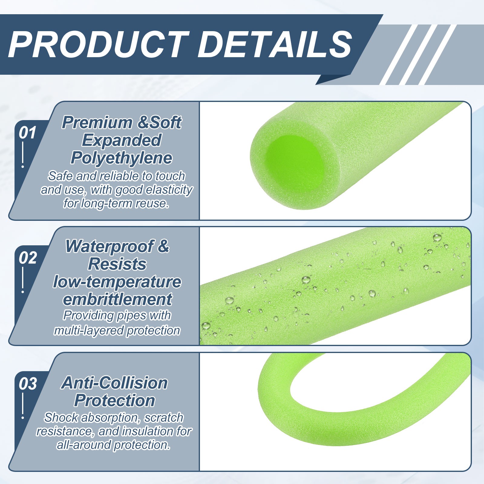 3pcs 1-1/4″ ID 3.3FT Pipe Insulation Foam Tube 2.05″ OD Tubing Cover Green