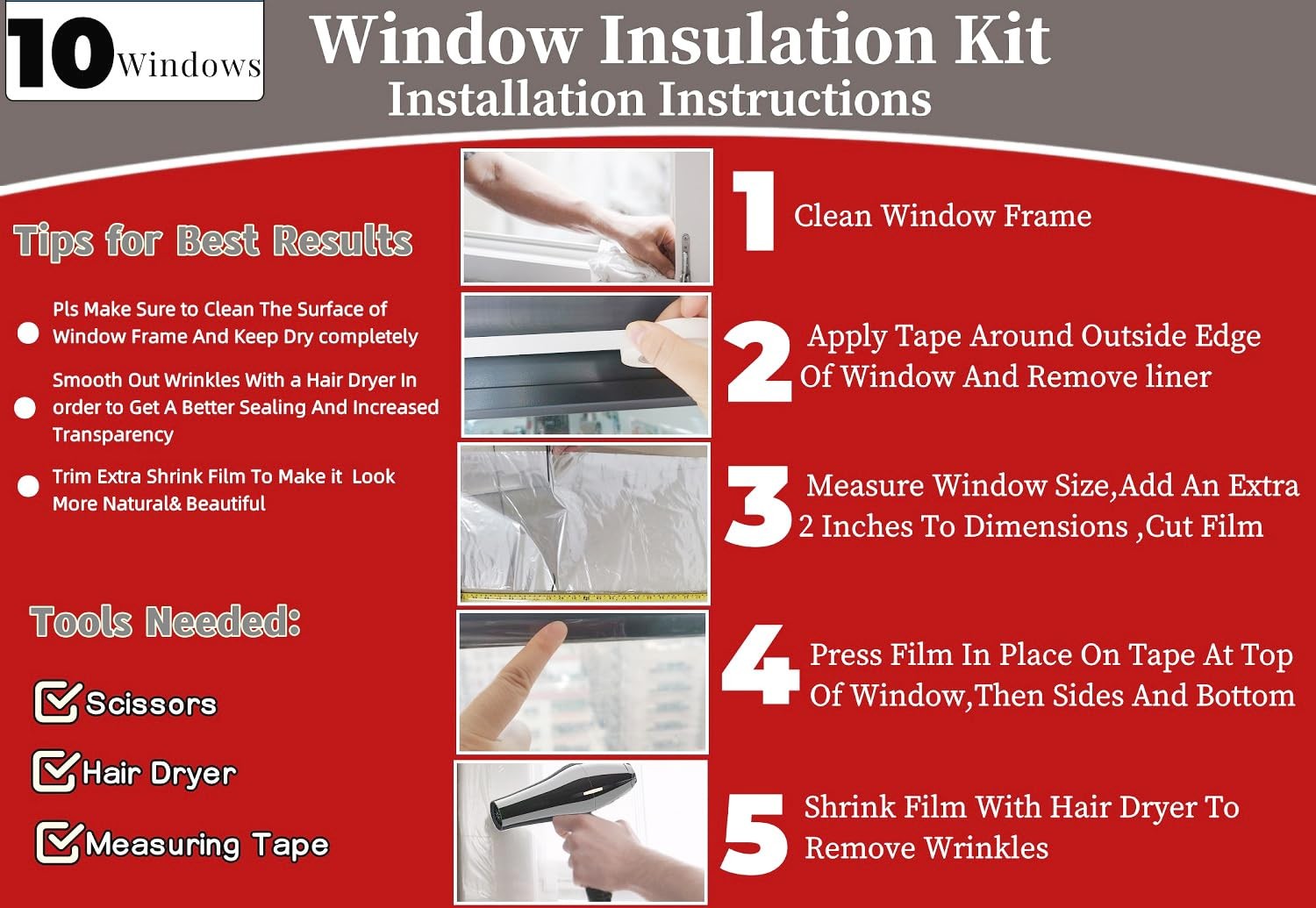 10-Window Shrink Film Insulation Kit 62×420 Inch Keep Cold Out Warm Air In