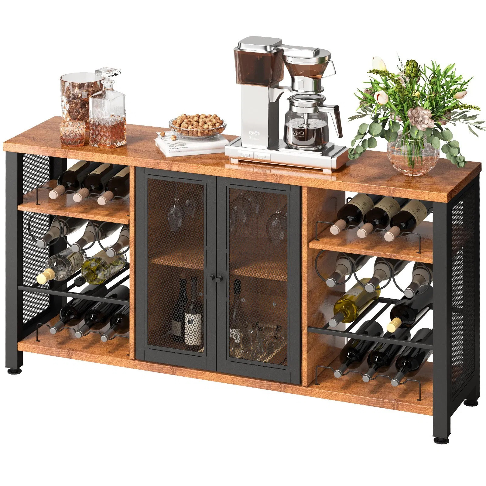 Industrial Bar Cabinet, 55 Inch Rustic Oak, 330 LBS Wine Table for Liquor with W