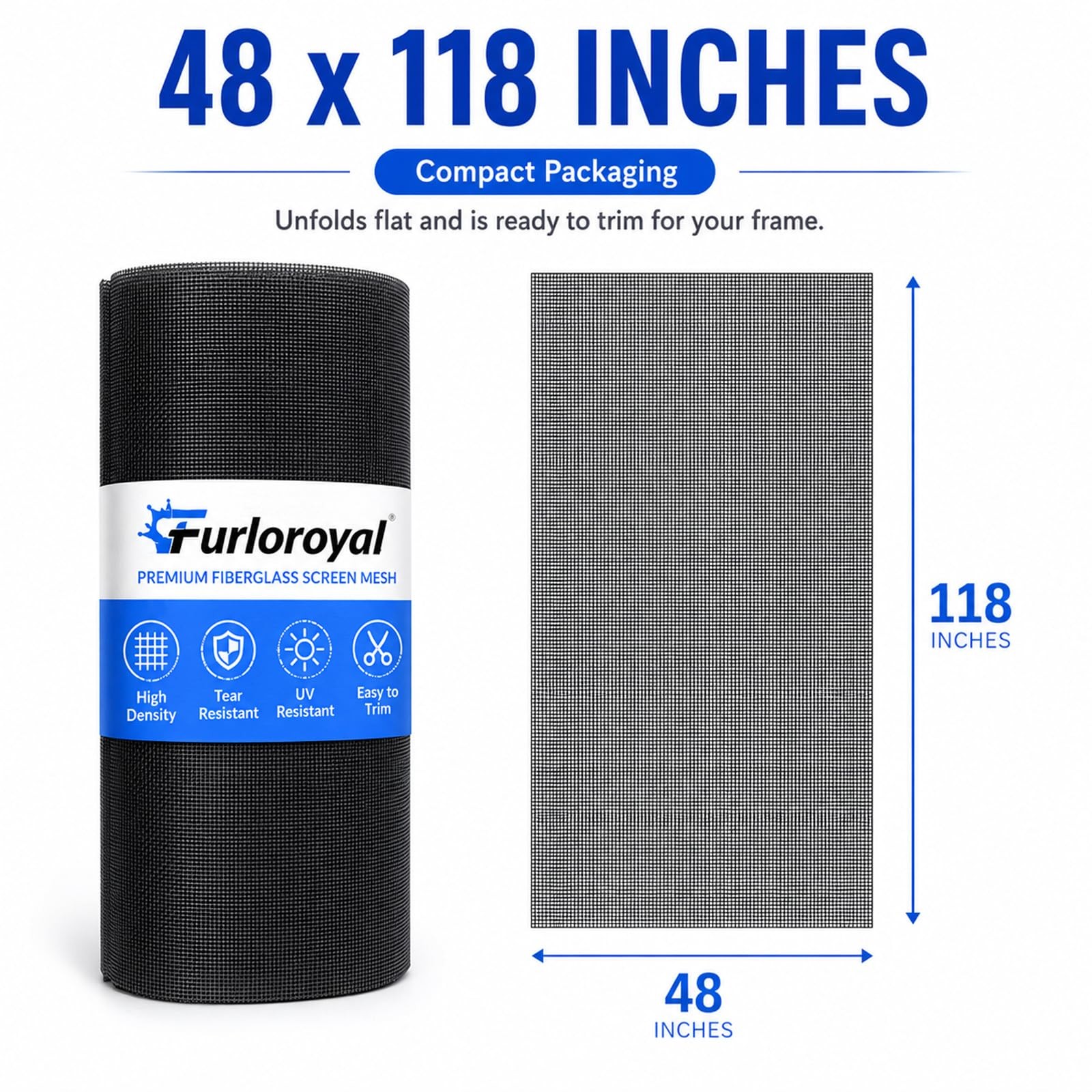 Furloroyal 48″ x 118″ Window Screen Replacement Mesh, Black x 118″,
