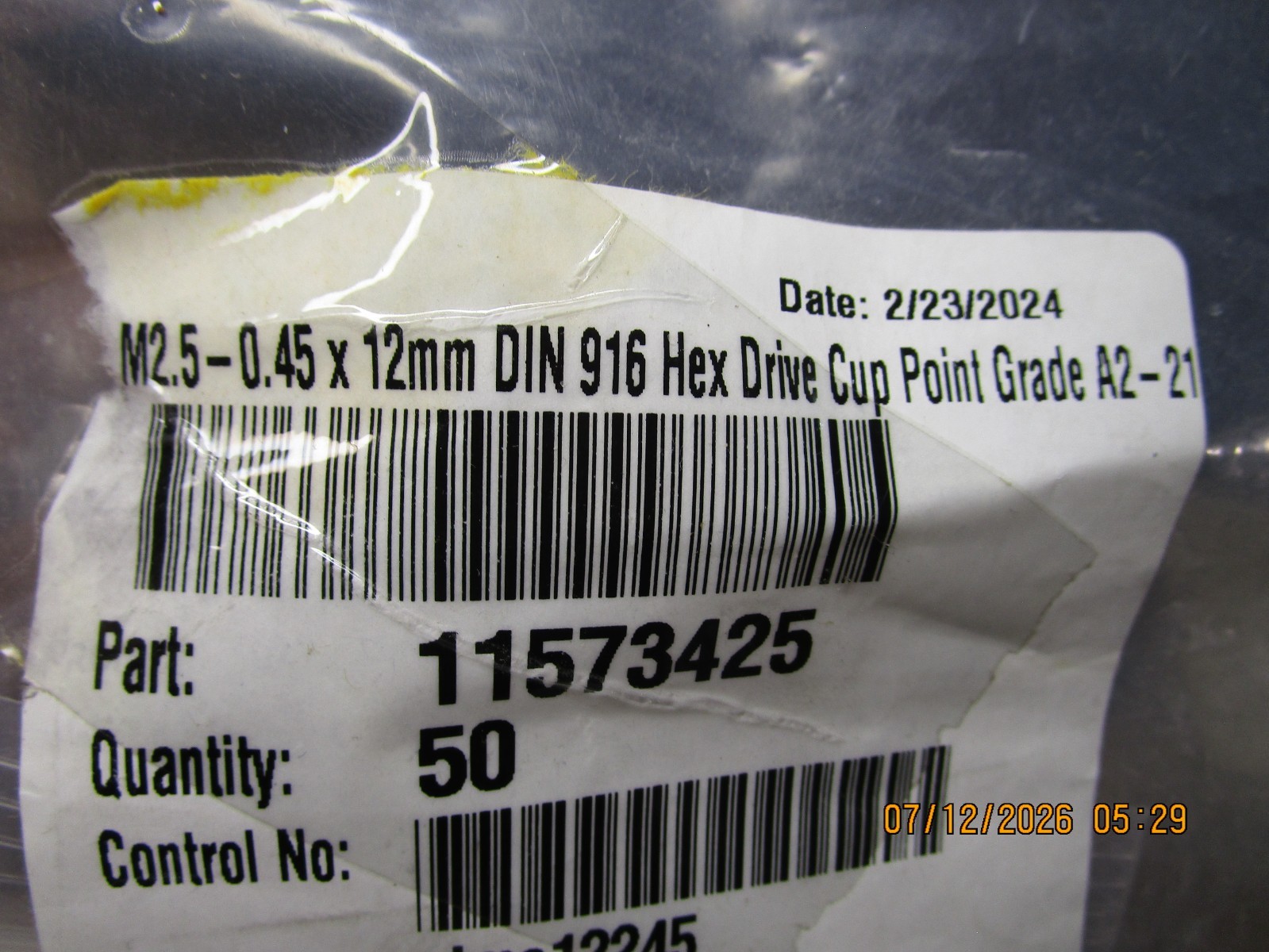 M2.5-0.45 x 12mm DIN 916 Hex Cup Pt Grade A2-21H S/S Socket Set Screw QTY 50