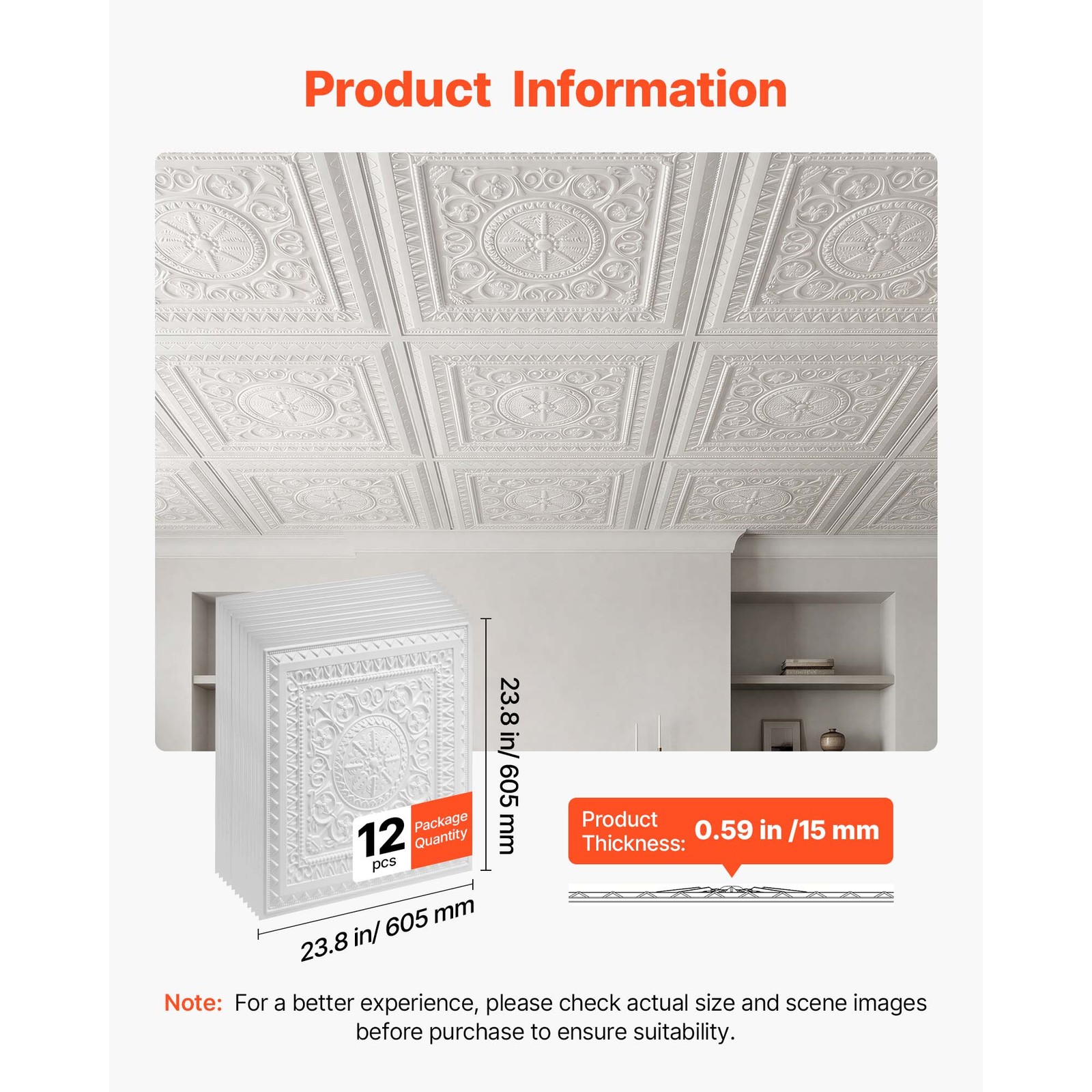 Uimoso 24 x 24 in PVC Ceiling Tiles, 12-Pack, 3D Geometric Design for Interiors