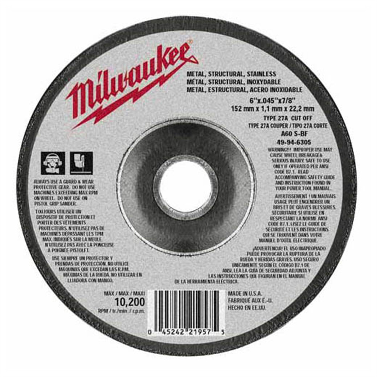 Milwaukee 49-94-6305 Milwaukee Tool 6″ x .045″ x 7/8″ Cut-Off Wheel (Type 27)