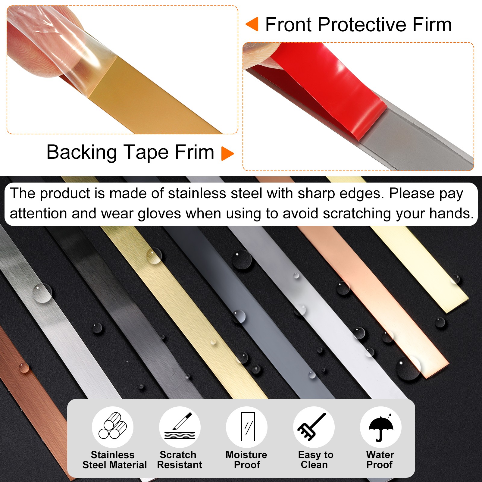 16.4ft x 0.98″ Wall Trim Self Adhesive Stainless Steel Mirror Finish Rose Gold