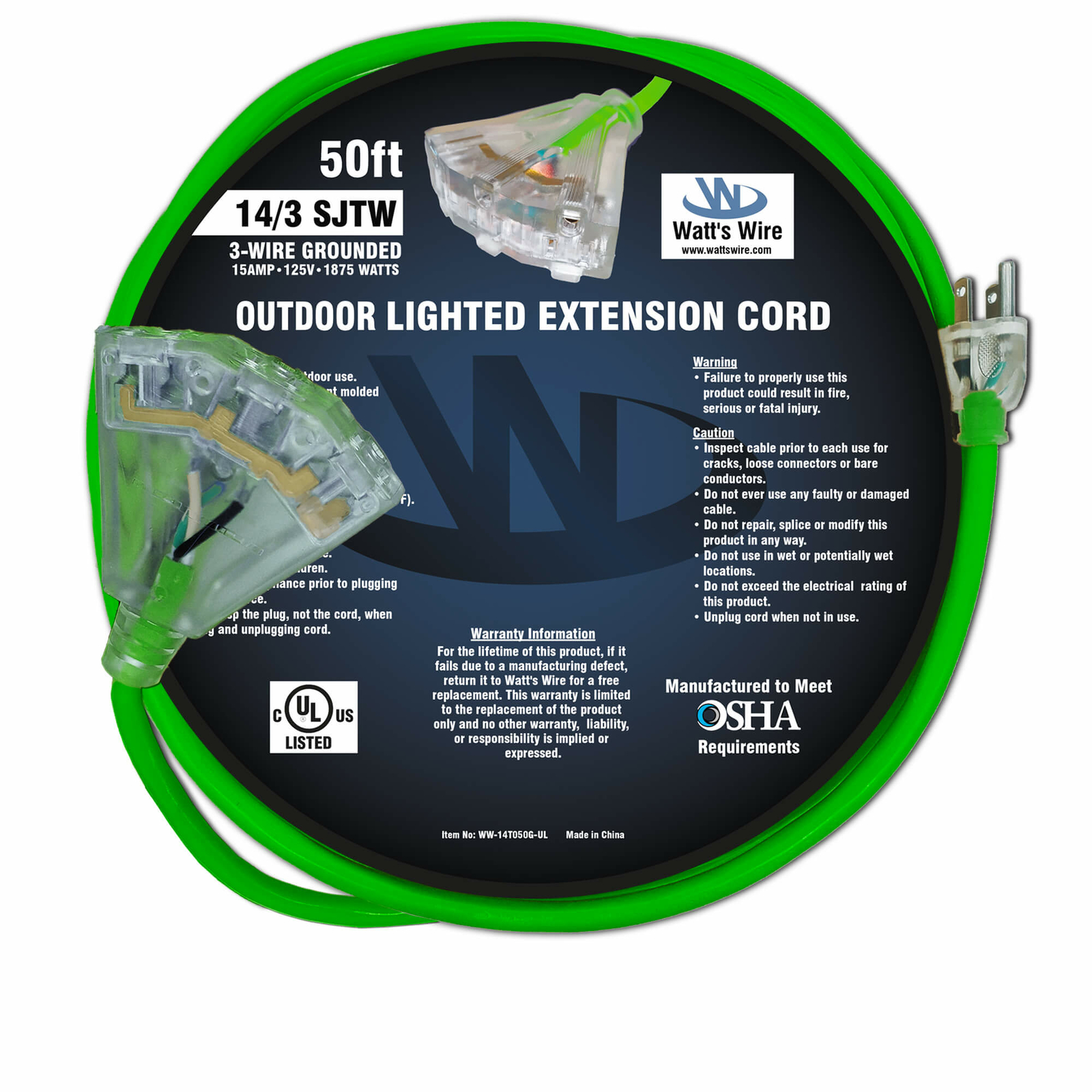 50′ Lighted 14/3 Heavy Duty 3 Outlet SJTW Extension Cord – 14 3 50ft Green Outdo
