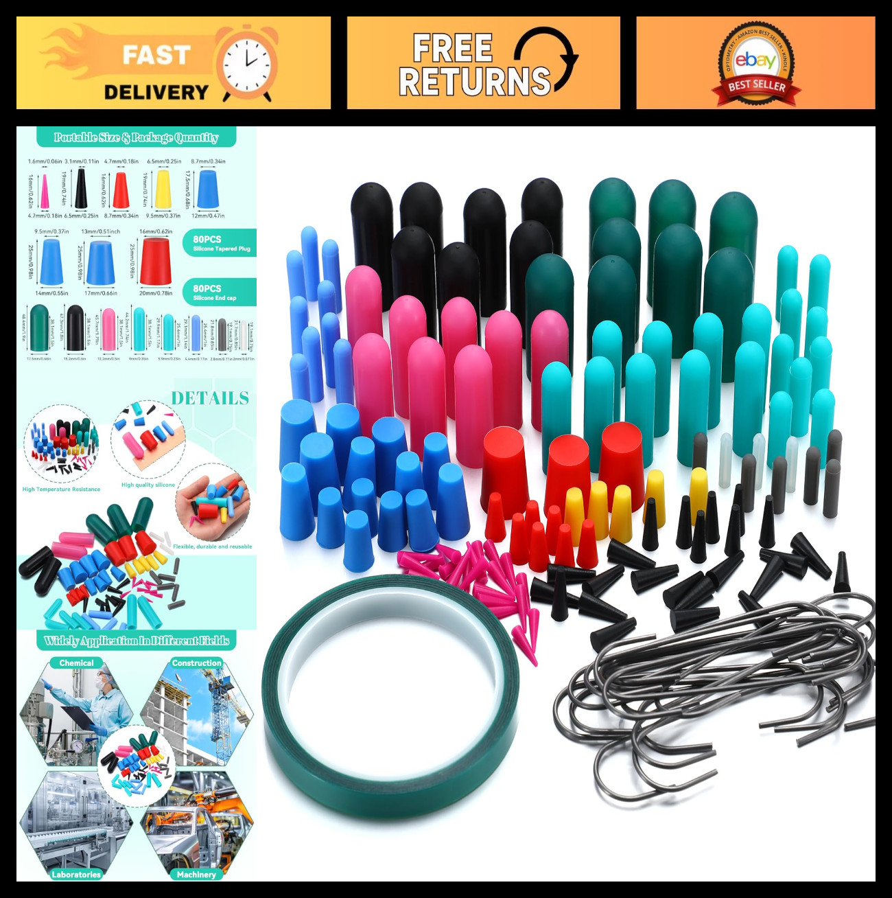 186Pcs Silicone Rubber Tapered Plugs & Tape Kit for Powder Coating & Painting