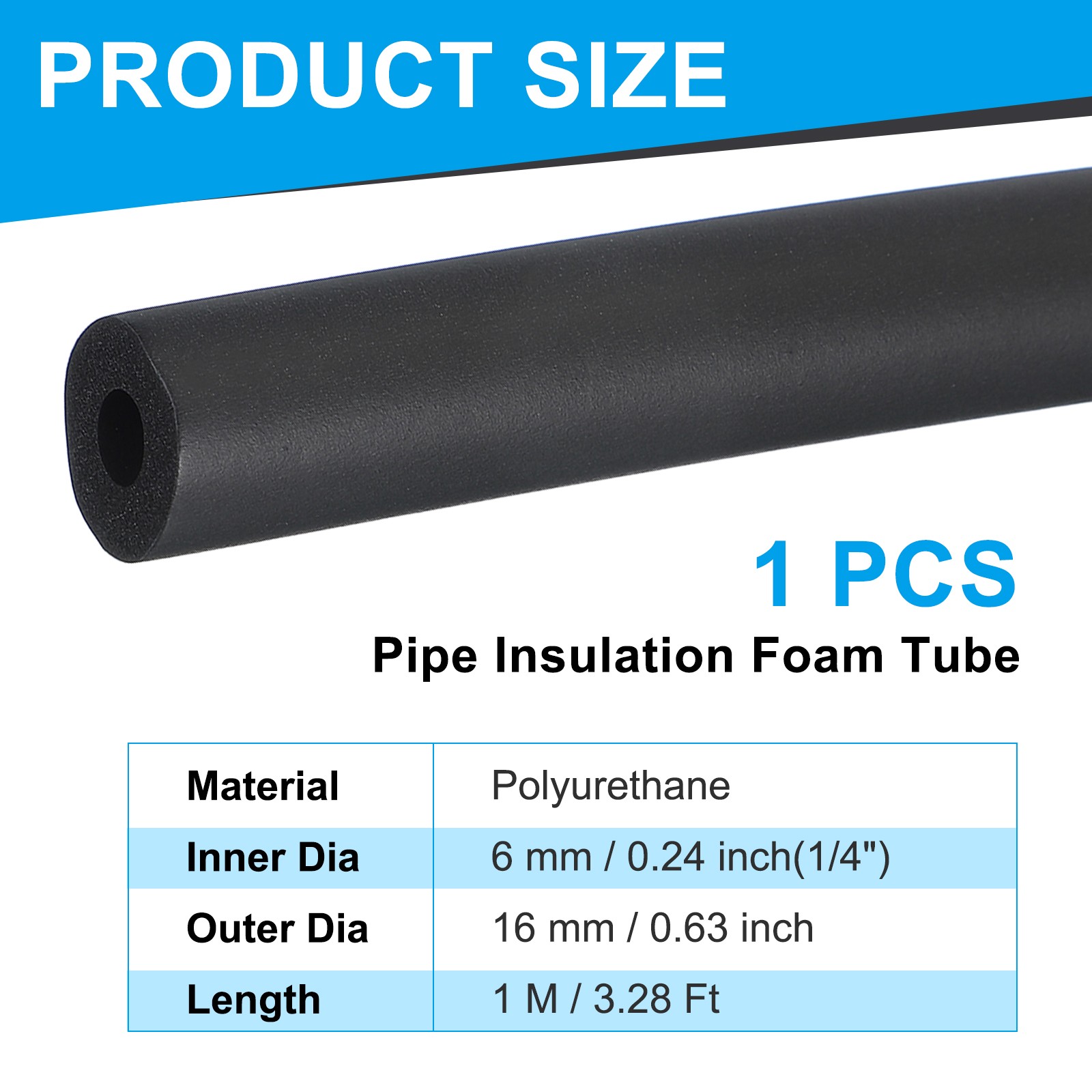 1/4″ID x 3.28Ft Pipe Insulation Foam Tube Foam Pipe Tubing Cover Black