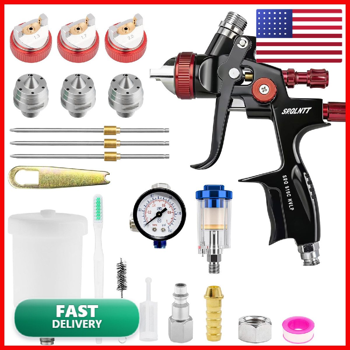 819 HVLP Air Spray Gun Kit 1.3/1.7/2.0mm Nozzles with Air Regulator Separator