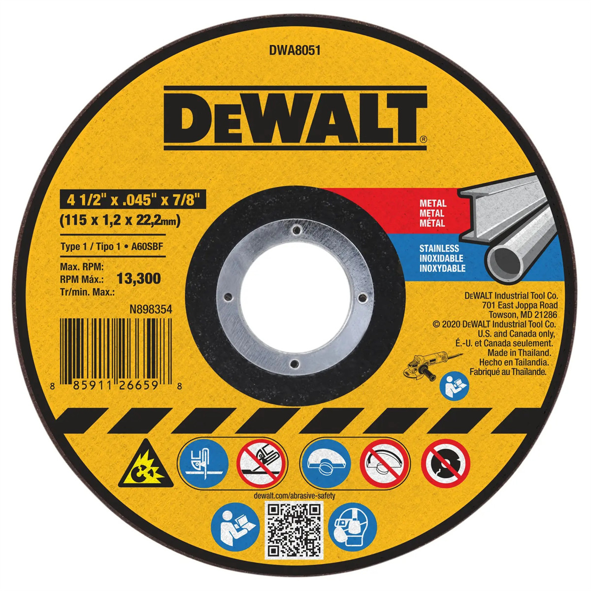 DWA8051DeWalt 4-1/2-in. x .045-in. x 7/8-in. T1 Cut-Off Wheel for Metal