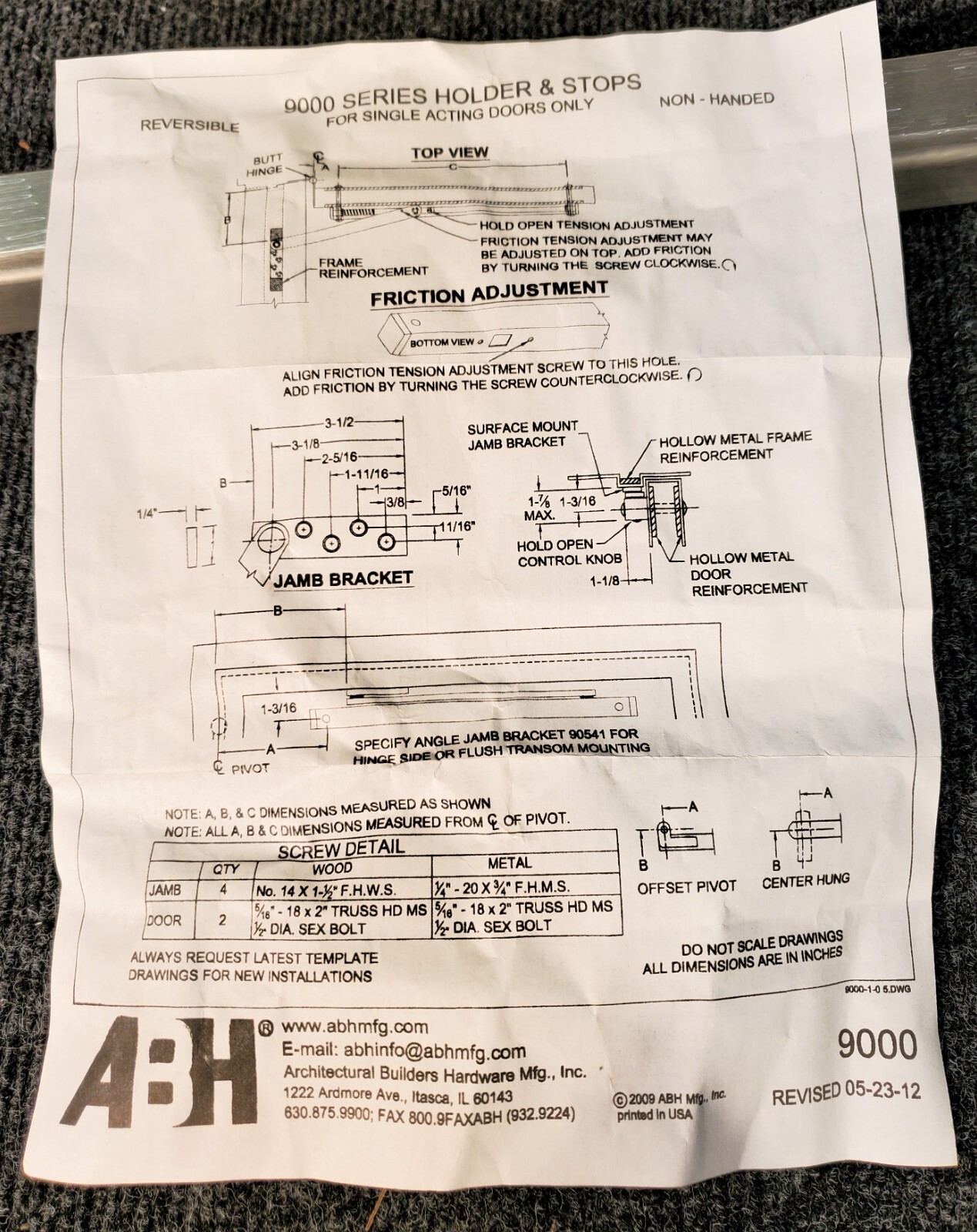 ABH 9000 Series 9017 Surface Mount Overhead Stop & Holder US32D Satin Stainless
