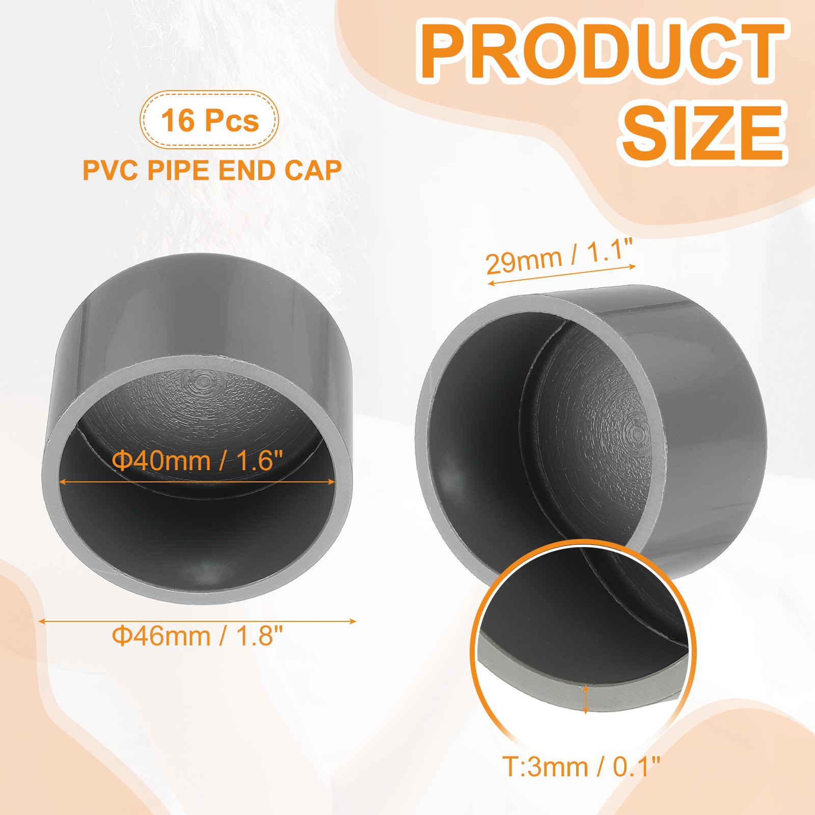 16 Pack 1.6″ Diameter PVC Pipe End Cover Cap Fittings for Furniture Garden Grey