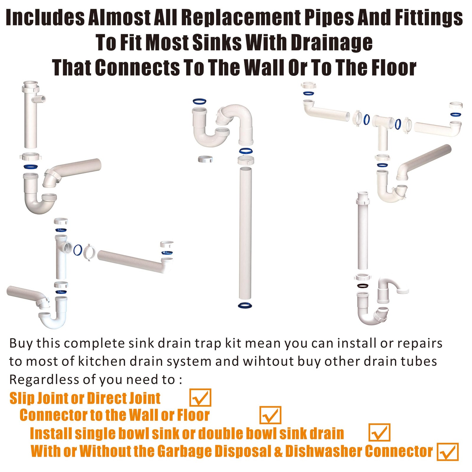 Kitchen Sink Drain Kit,1-1/2”,for Most Repair Kit White