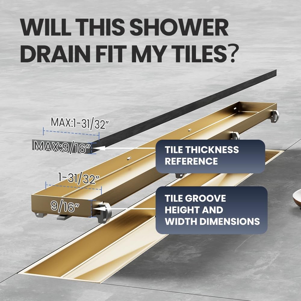 LISEEGO Linear Shower Drain 60 Inch Gold, with 60 inch, Gold