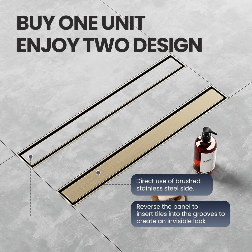 LISEEGO Linear Shower Drain 60 Inch Gold, with 60 inch, Gold