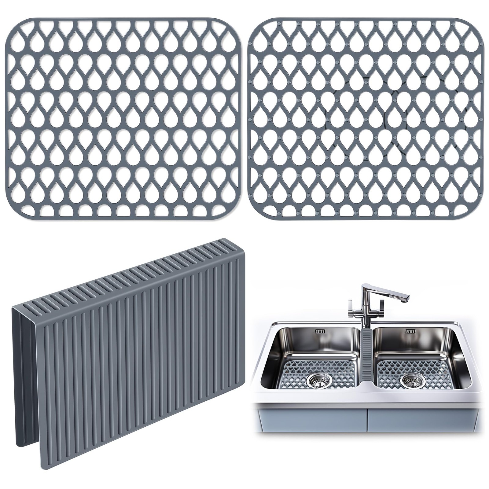 Dunkive 3 Pack Sink Mat and Saddle Set, 13.4 x 11.5 Inch Protectors Gray