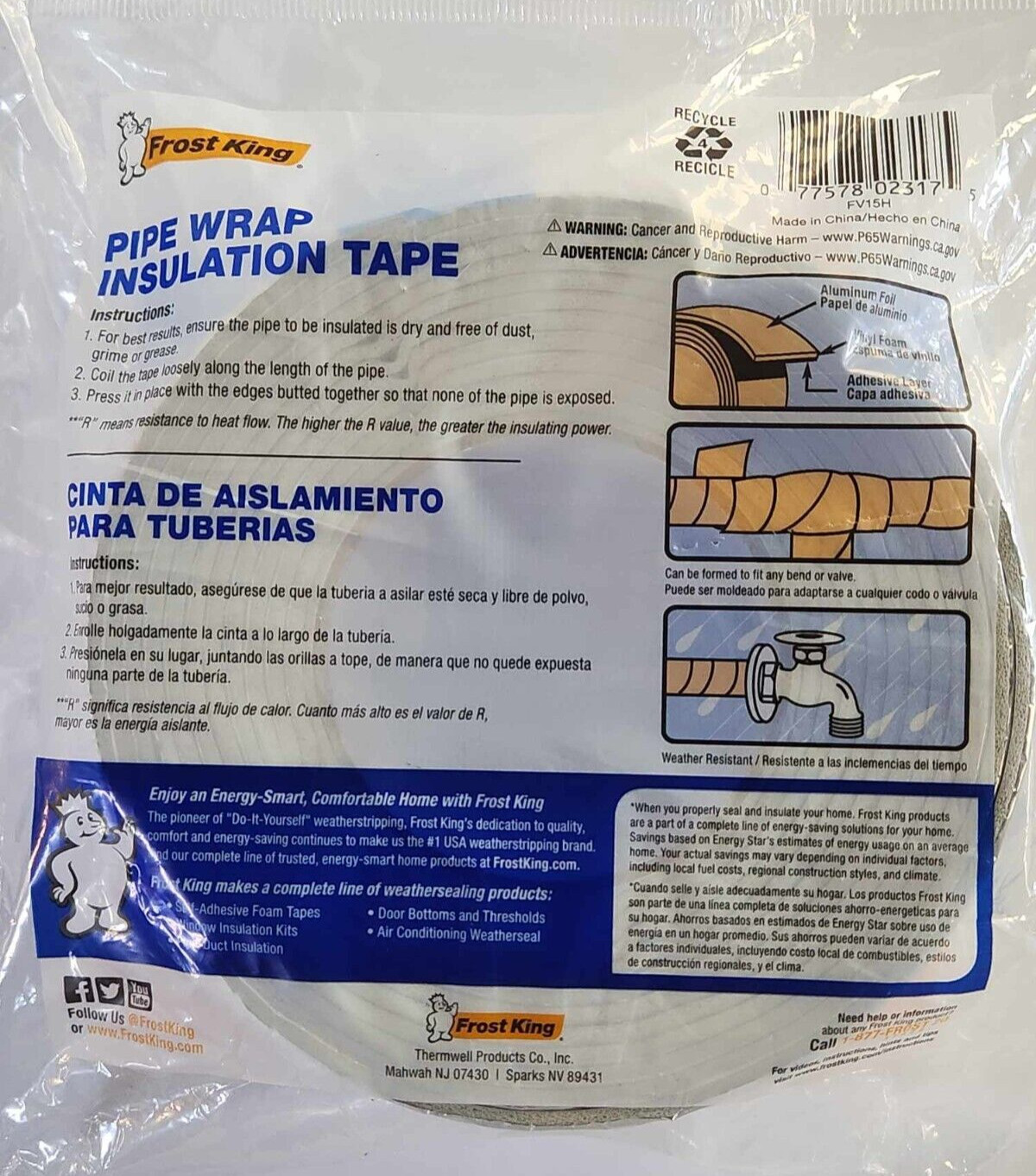 Frost King Pipe Wrap Insulation Tape 2″ Wide x 1/8″ Thick x 15′ Long