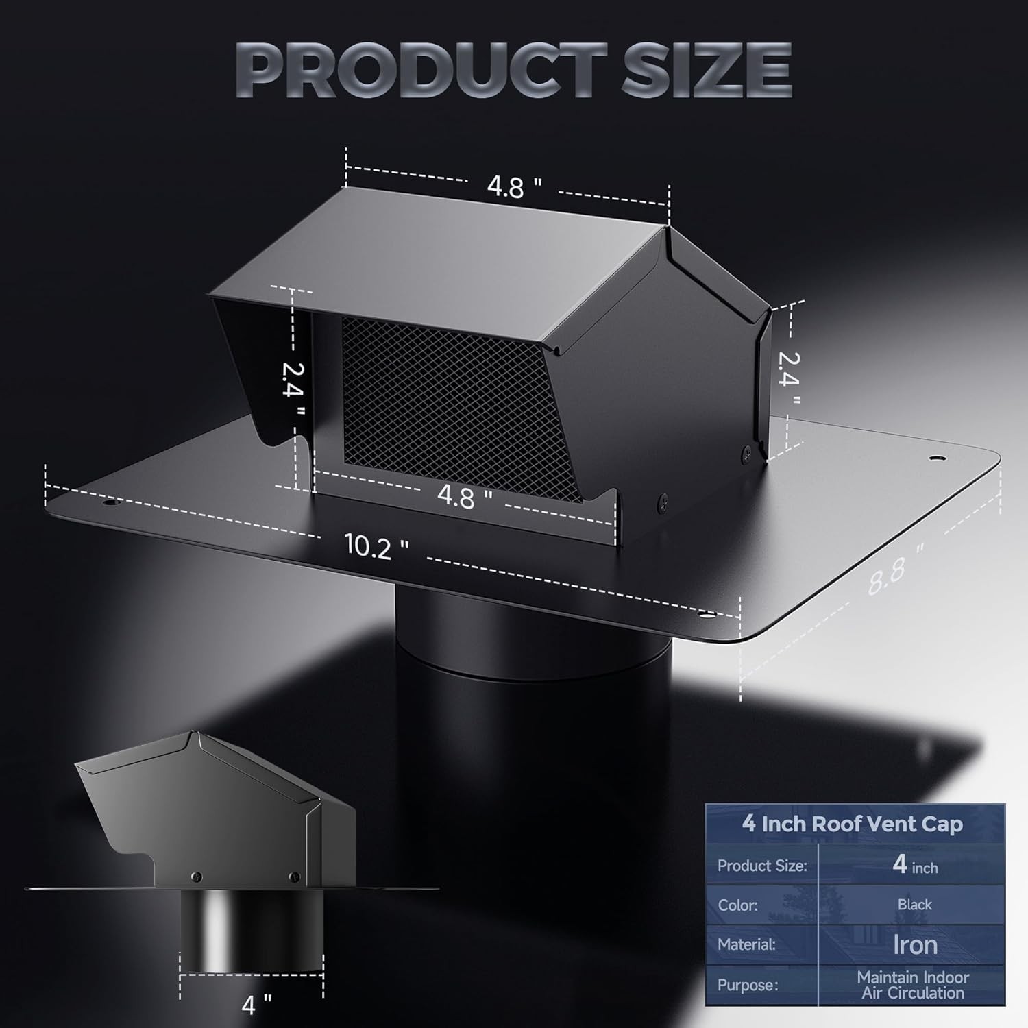 4 Inch Roof Vent Cap Bathroom Exhaust with Damper & Sealed Black
