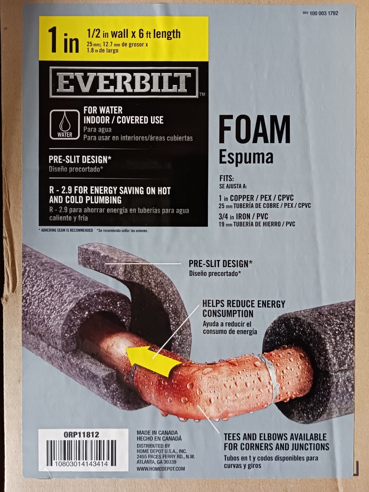 Everbilt 1/2 Wall x 6 length Pipe Insulation ORP11812 *25 Sold Together*
