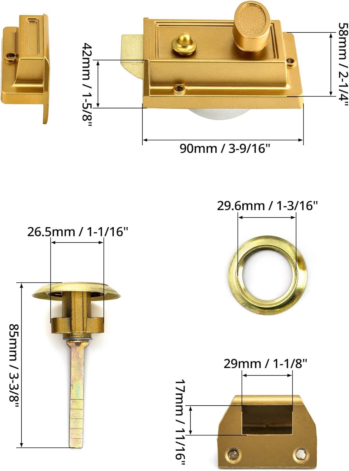 QWORK Night Latch Deadbolt Rim Lock with Key Gold Finish Antique Style