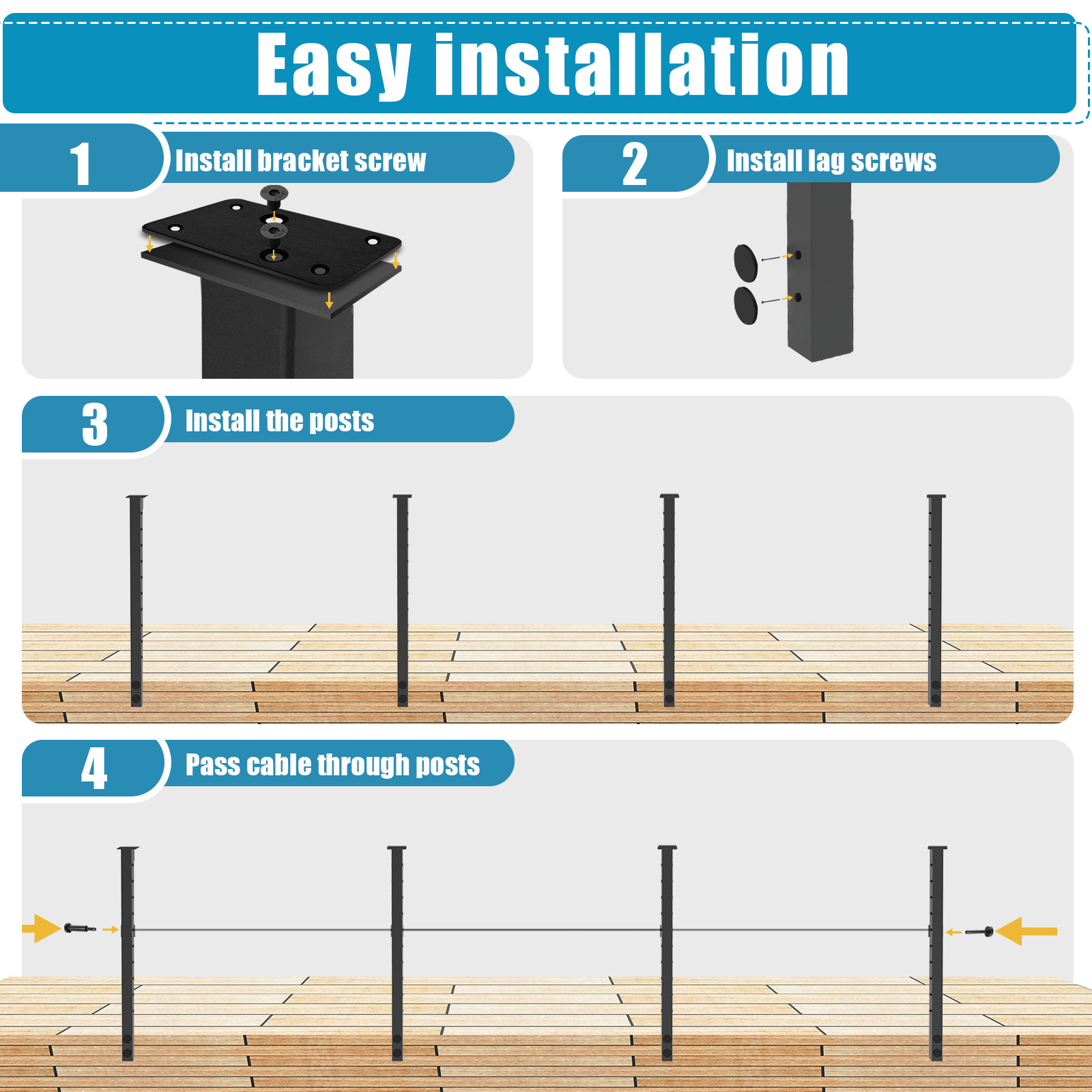 Senmit 36″H x 20ft Stainless Steel Cable Railing Kit (No Handrail Included)