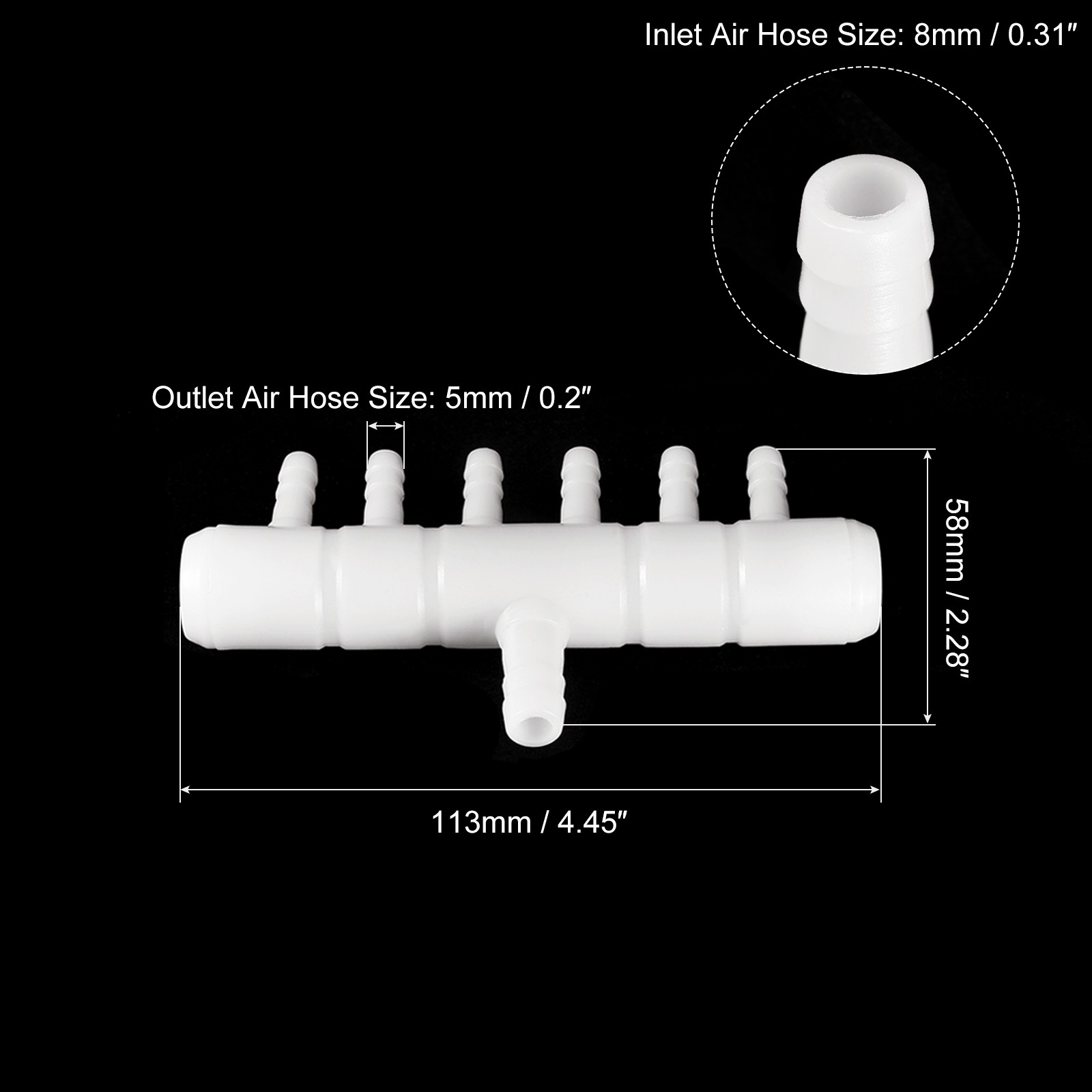 Air Line Tubing Splitter Connector, 2Pcs 8mm/0.31″ to 5mm/0.2″ 6 Way, White