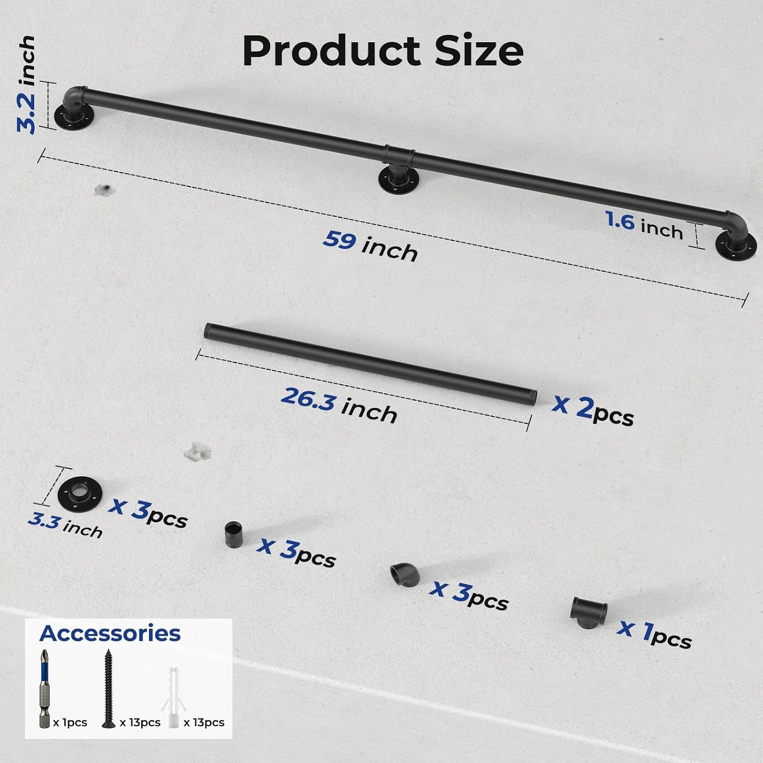 5FT Stair Handrail Indoor Wall Mounted Safety Rail for Seniors Black